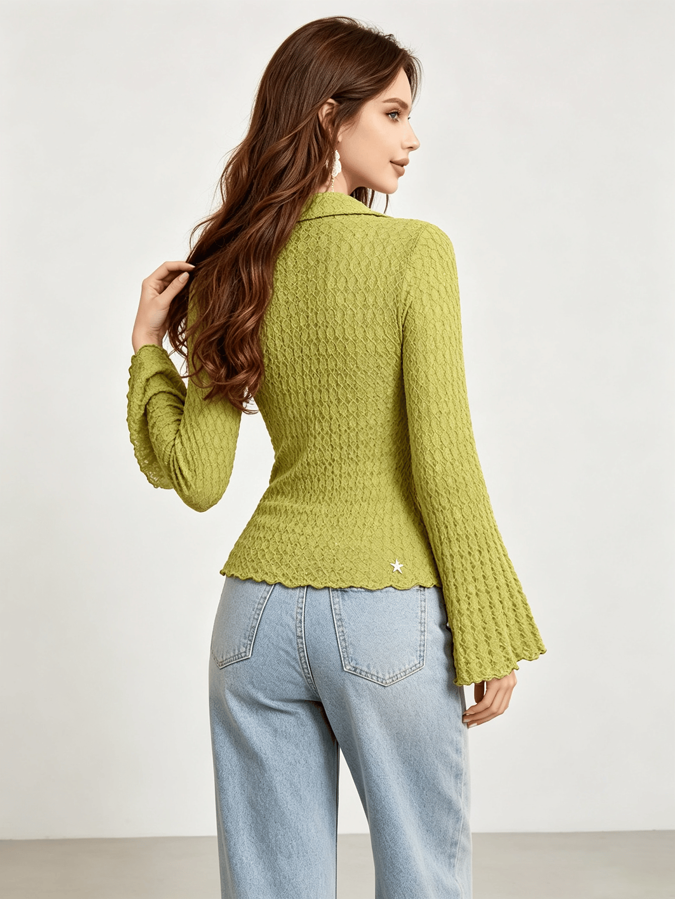 Green Textured Long Sleeve Top with Flare Cuffs