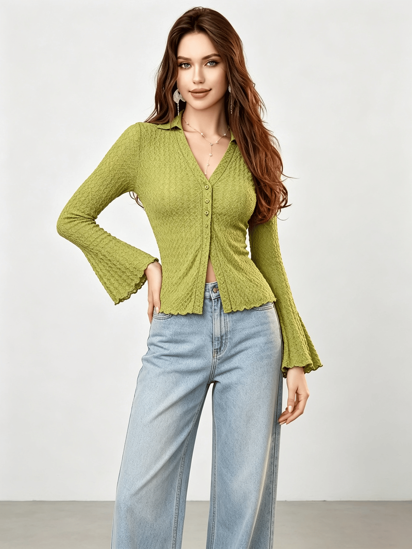 Green Textured Long Sleeve Top with Flare Cuffs