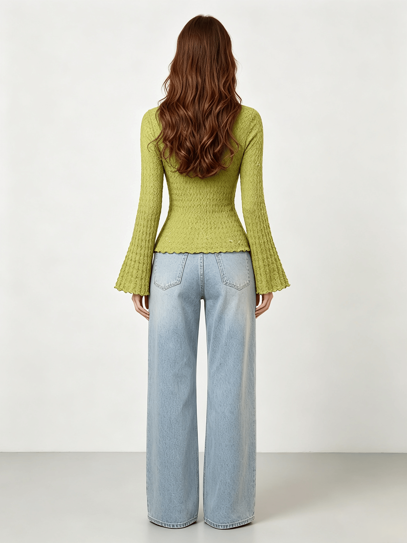 Green Textured Long Sleeve Top with Flare Cuffs