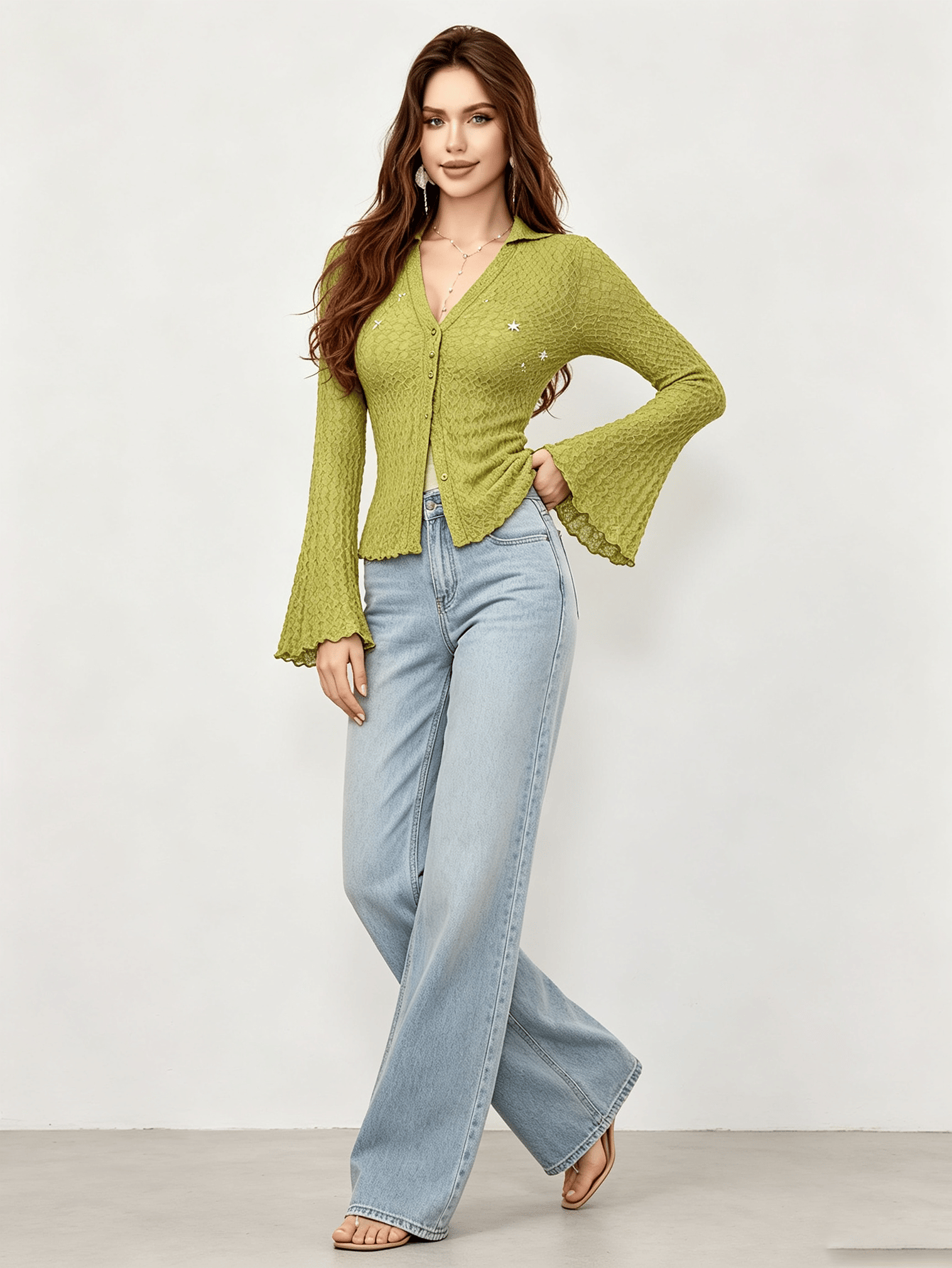 Green Textured Long Sleeve Top with Flare Cuffs