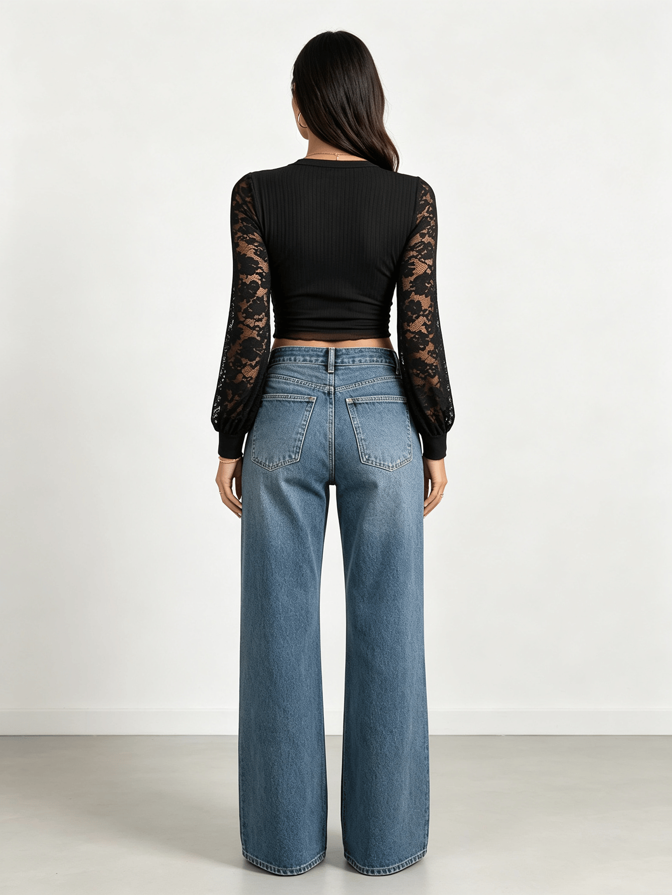 Black Lace Puffed Sleeve Ribbed Top