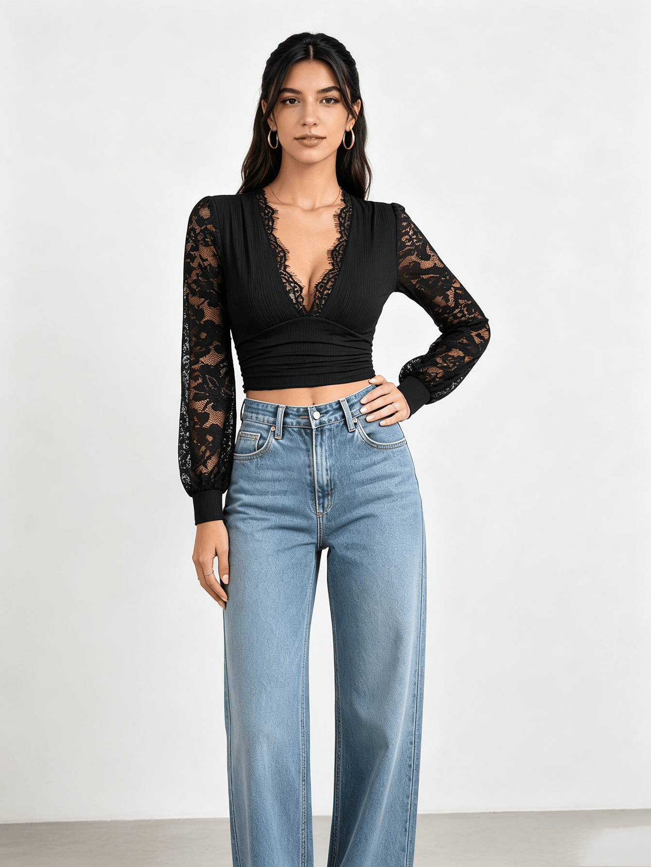 Black Lace Puffed Sleeve Ribbed Top
