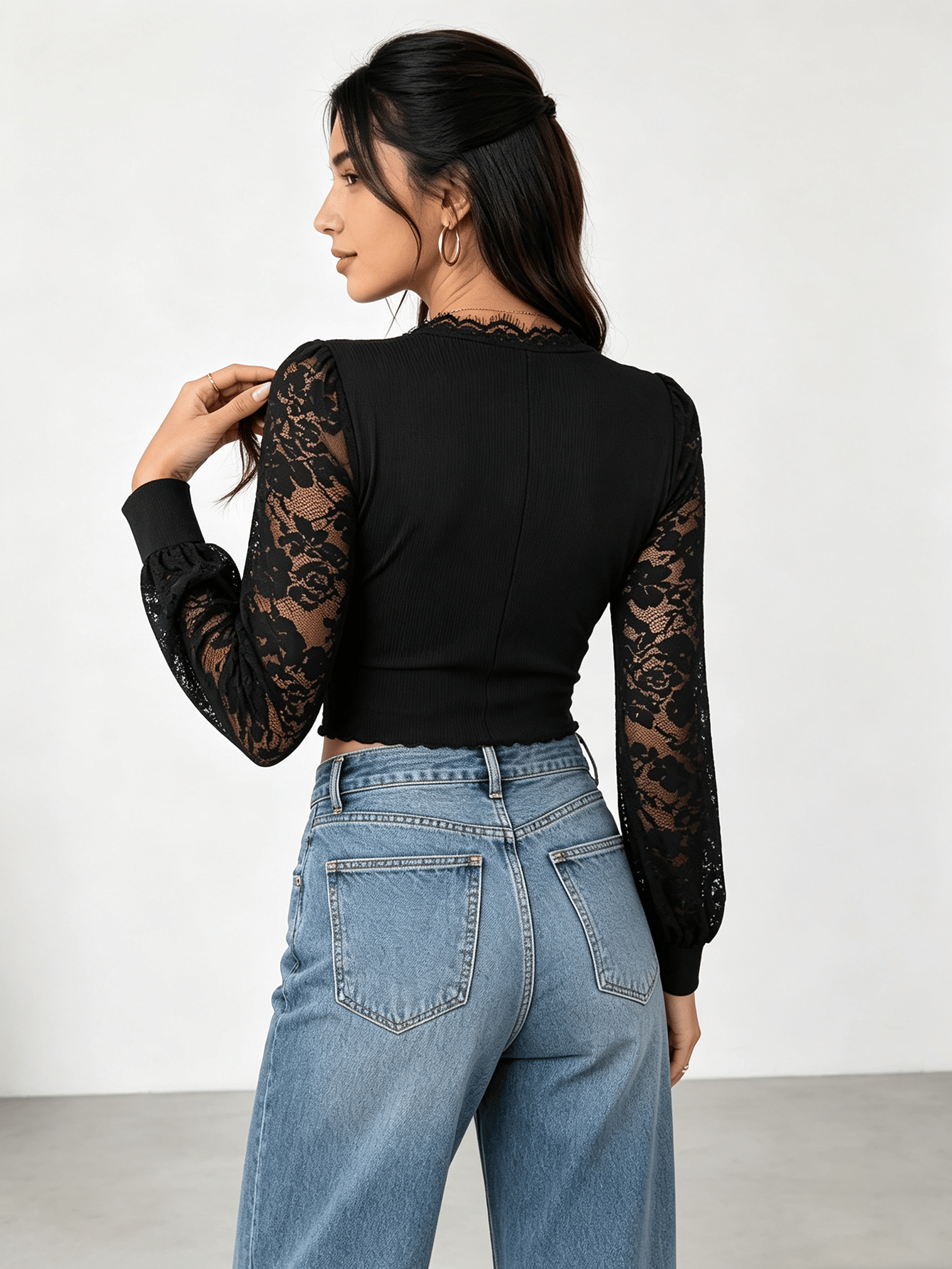 Black Lace Puffed Sleeve Ribbed Top