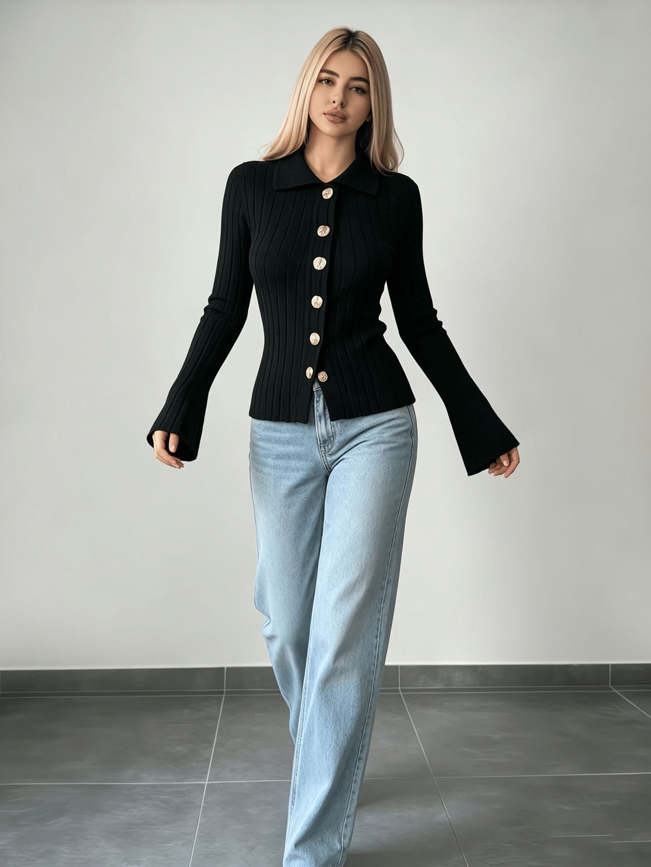 Black Ribbed Long Sleeve Collared Top with Gold Buttons