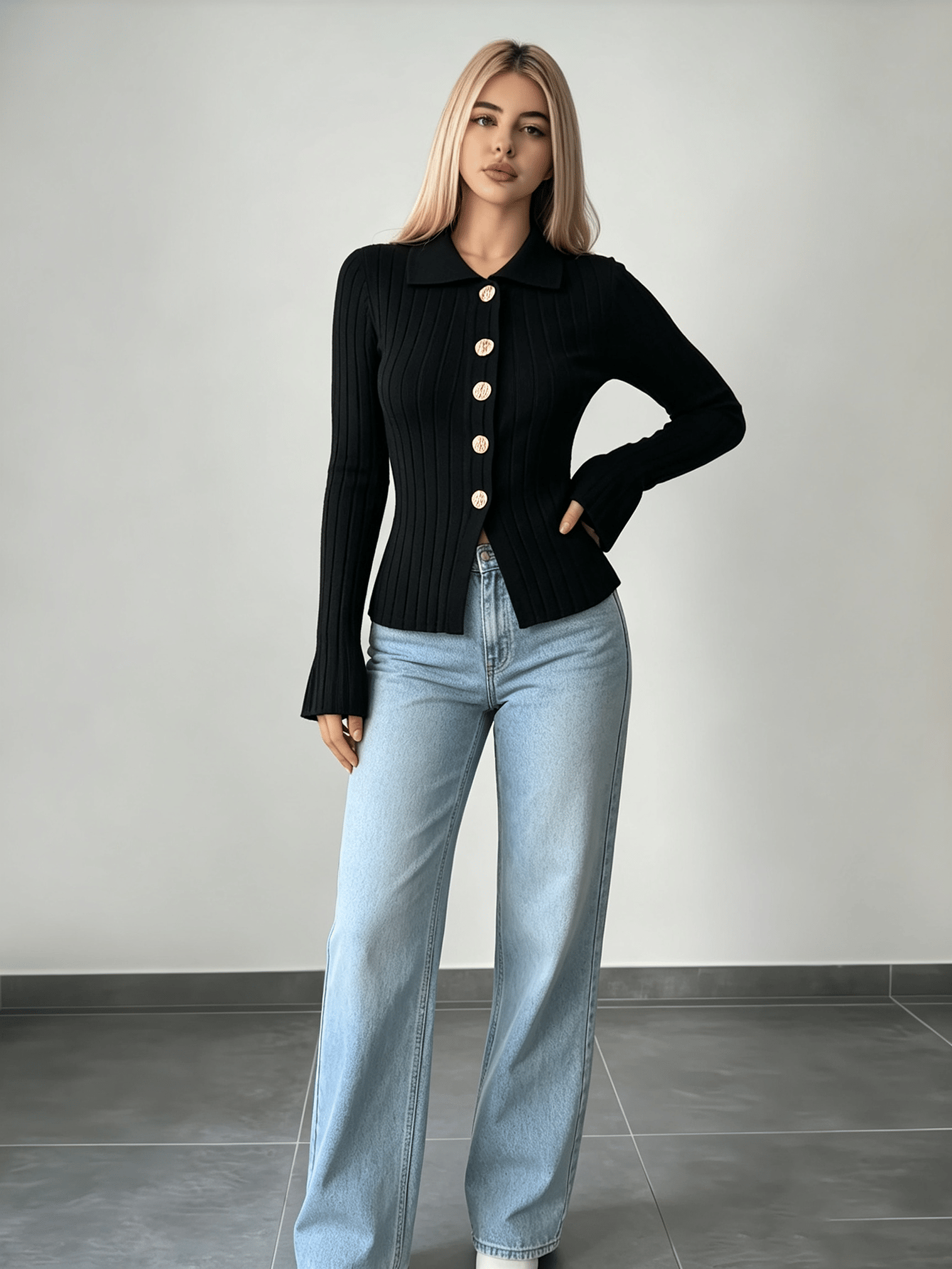 Black Ribbed Long Sleeve Collared Top with Gold Buttons