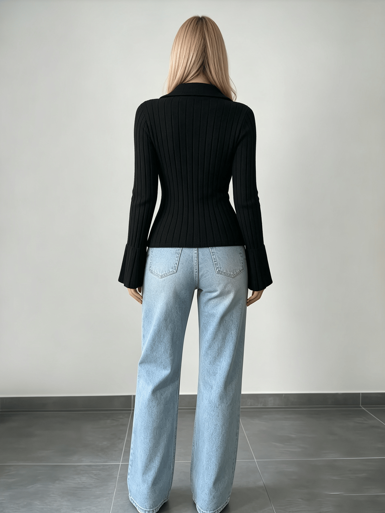 Black Ribbed Long Sleeve Collared Top with Gold Buttons