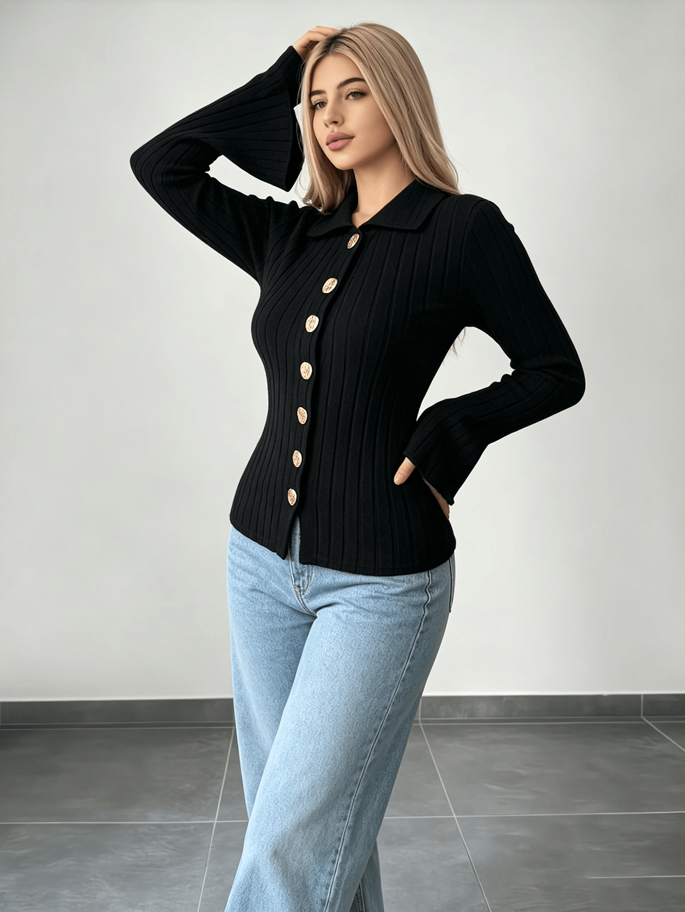 Black Ribbed Long Sleeve Collared Top with Gold Buttons
