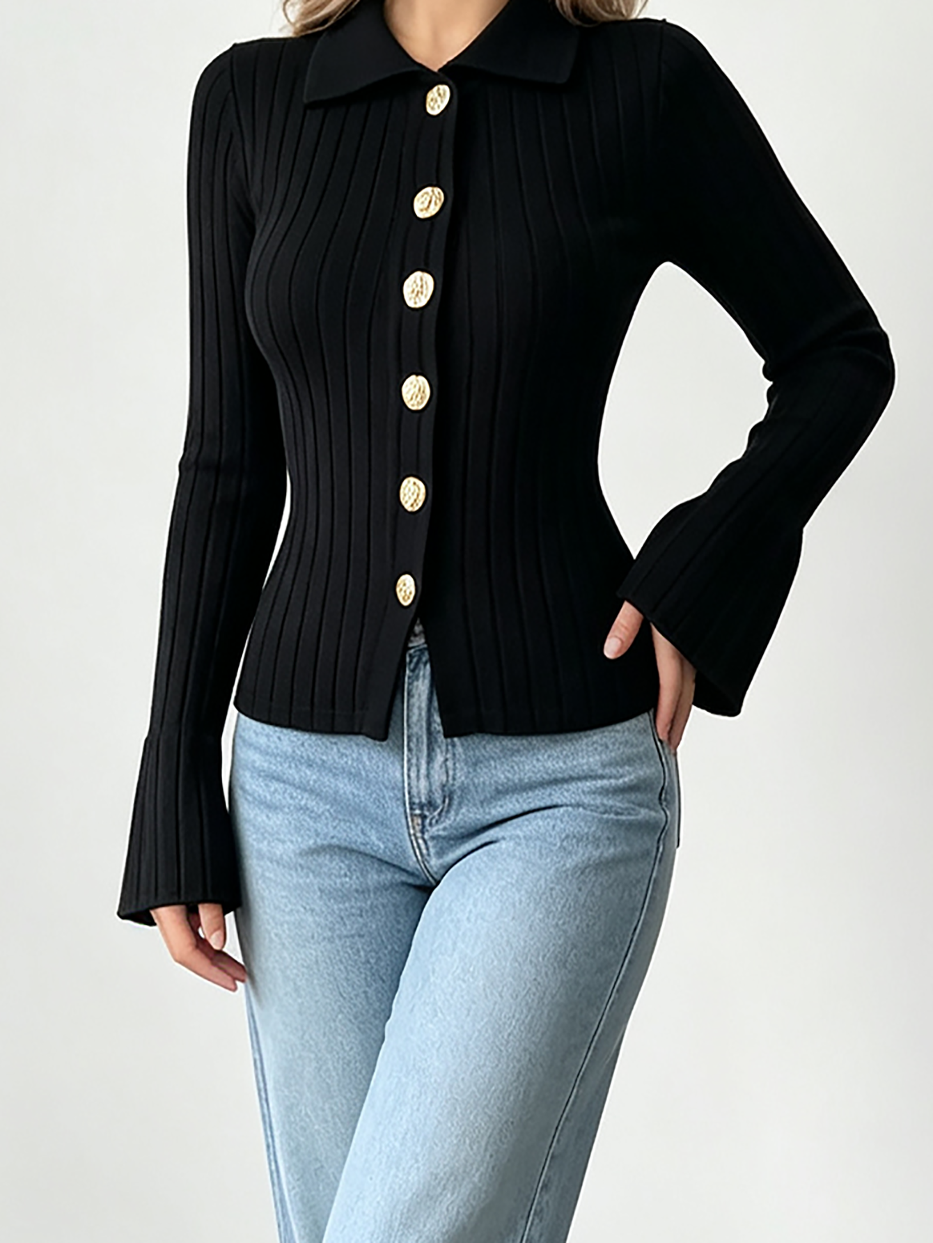 Black Ribbed Long Sleeve Collared Top with Gold Buttons