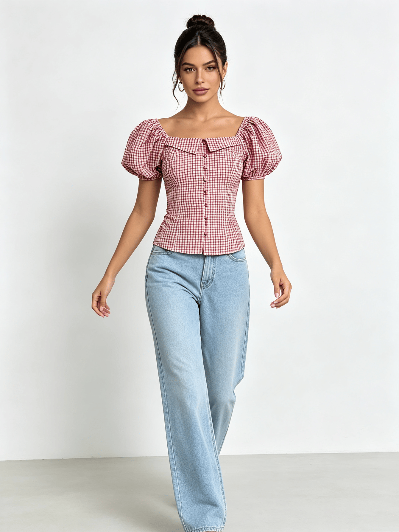 Pink Gingham Print Puff Sleeve Blouse with Square Neck
