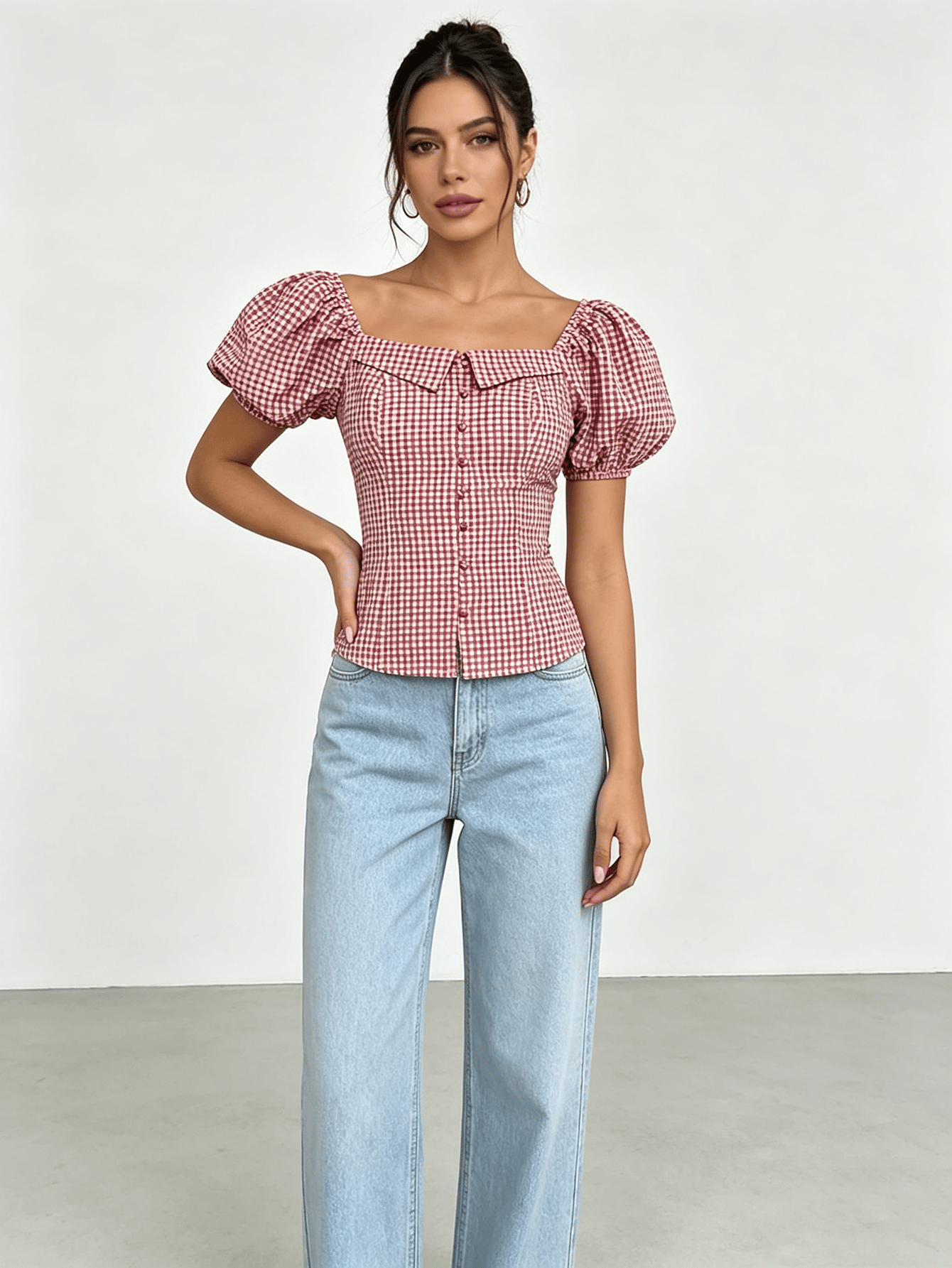 Pink Gingham Print Puff Sleeve Blouse with Square Neck