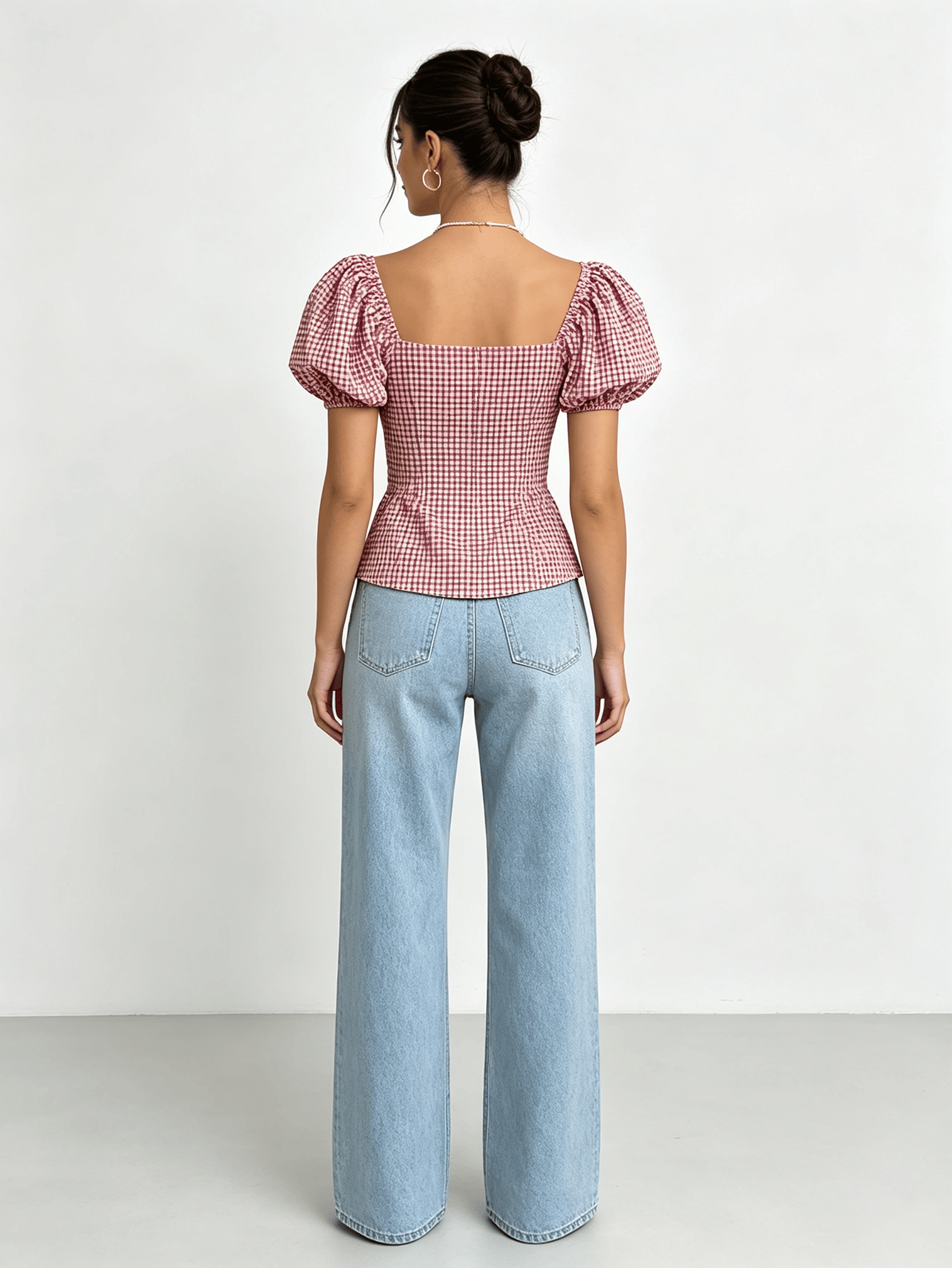 Pink Gingham Print Puff Sleeve Blouse with Square Neck
