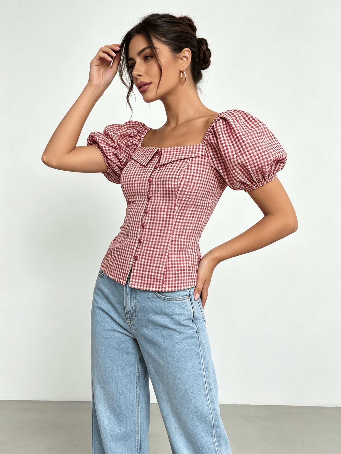 Pink Gingham Print Puff Sleeve Blouse with Square Neck
