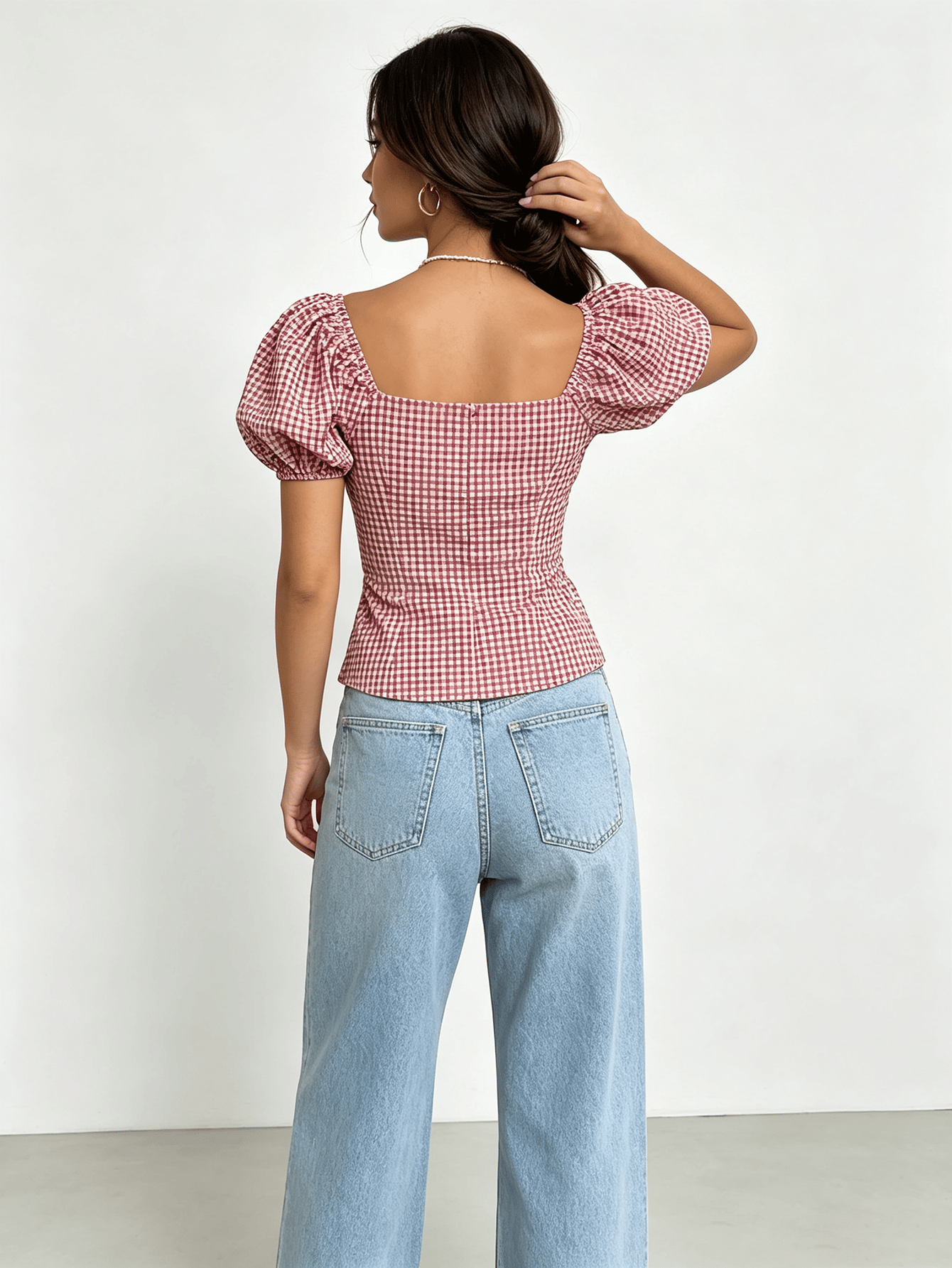 Pink Gingham Print Puff Sleeve Blouse with Square Neck