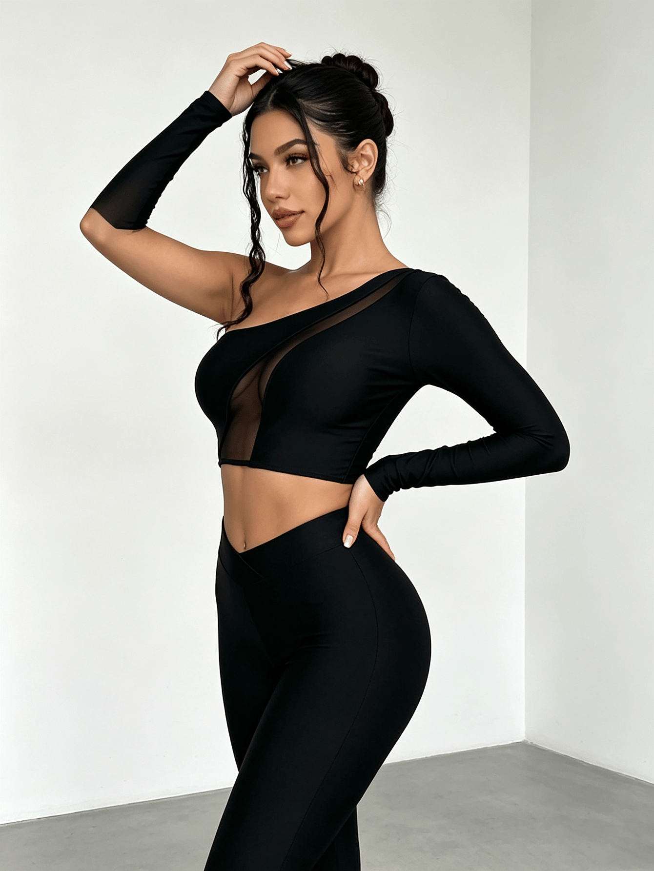 Black One-Shoulder Mesh Crop Top
