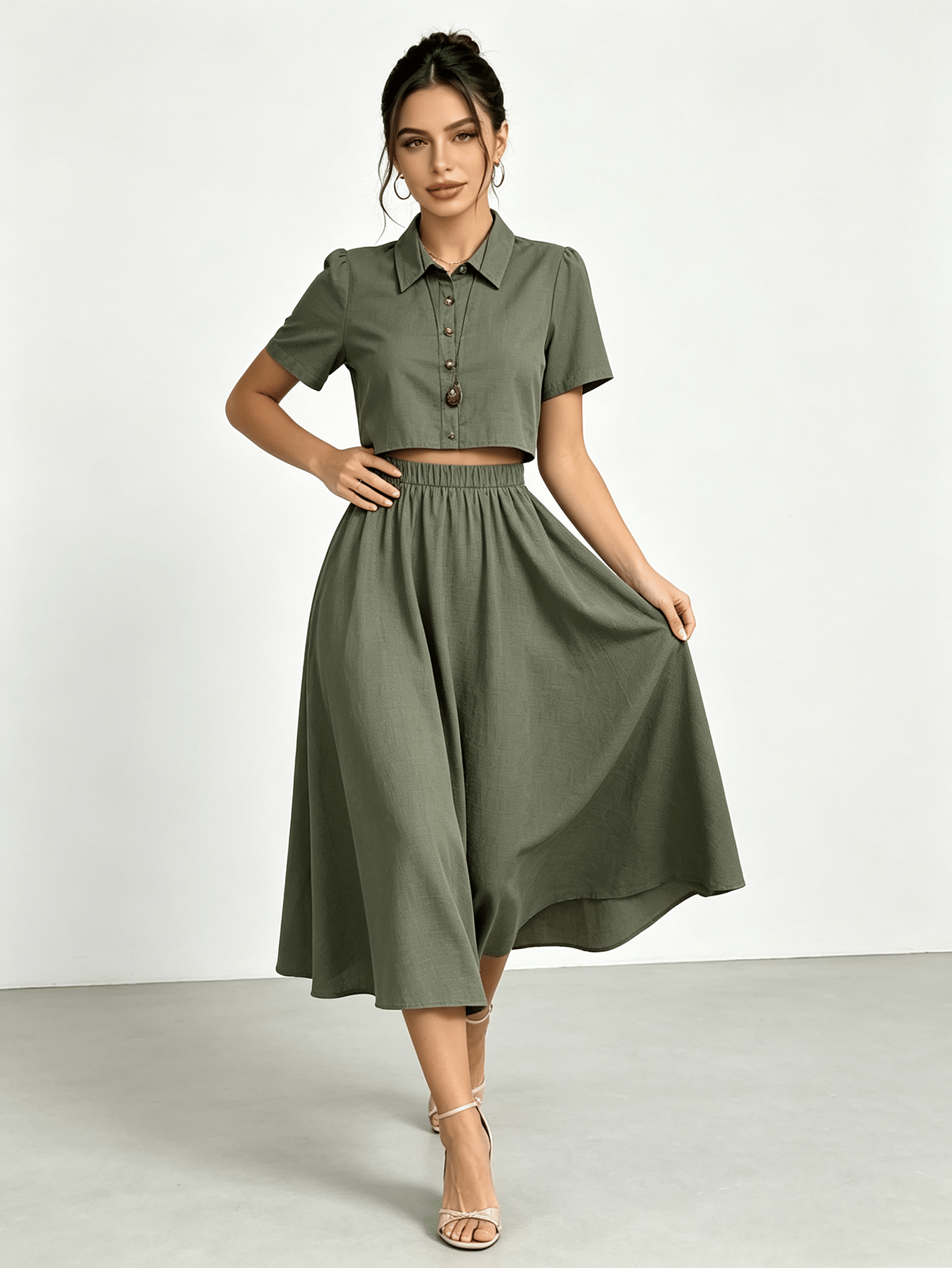 Olive Green Crop Top and Midi Skirt Co-ord Set