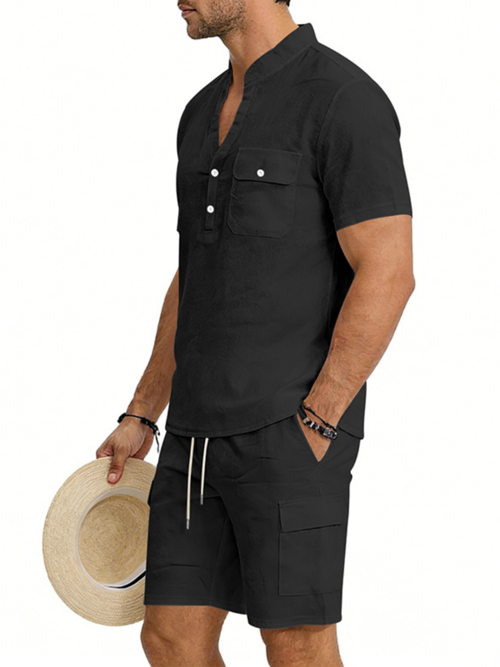 Men Black Short Sleeve Shirt and Shorts Set