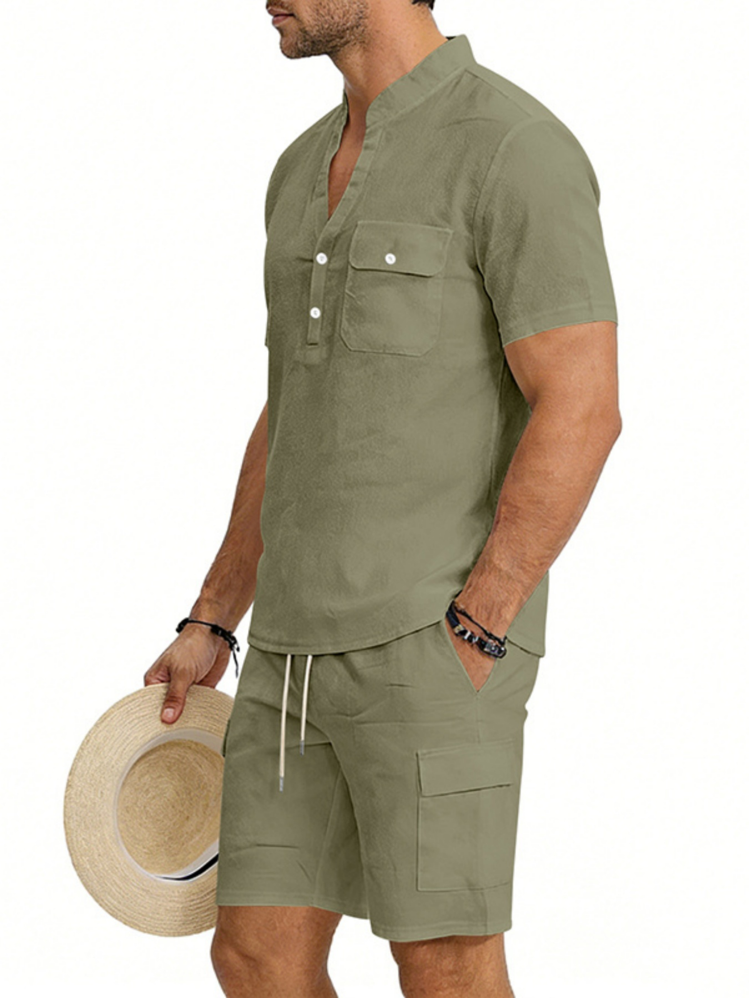 Men Olive Short Sleeve Shirt and Cargo Shorts Set
