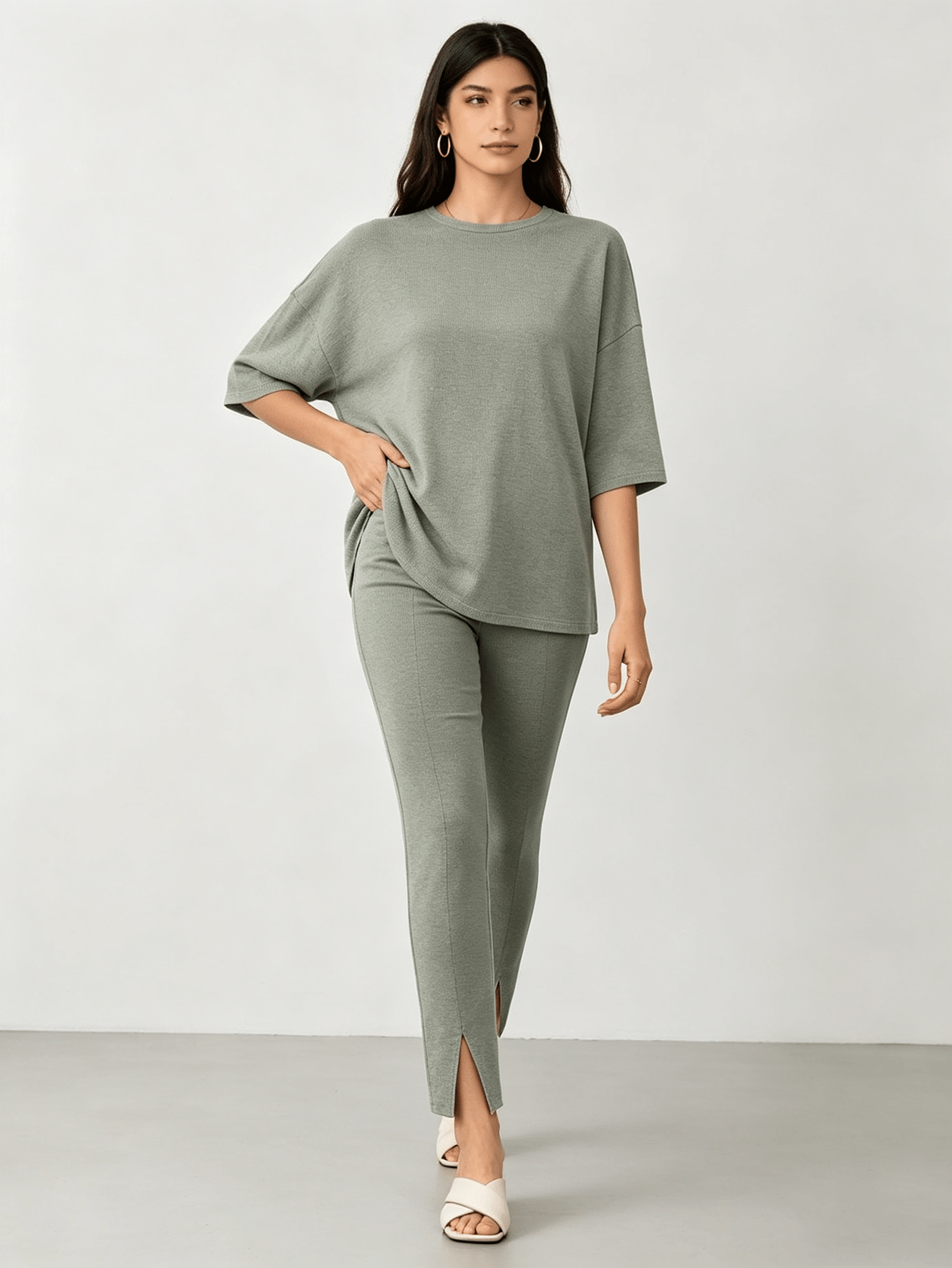 Olive Straight Leg Trousers and T-Shirt Co-Ord Set