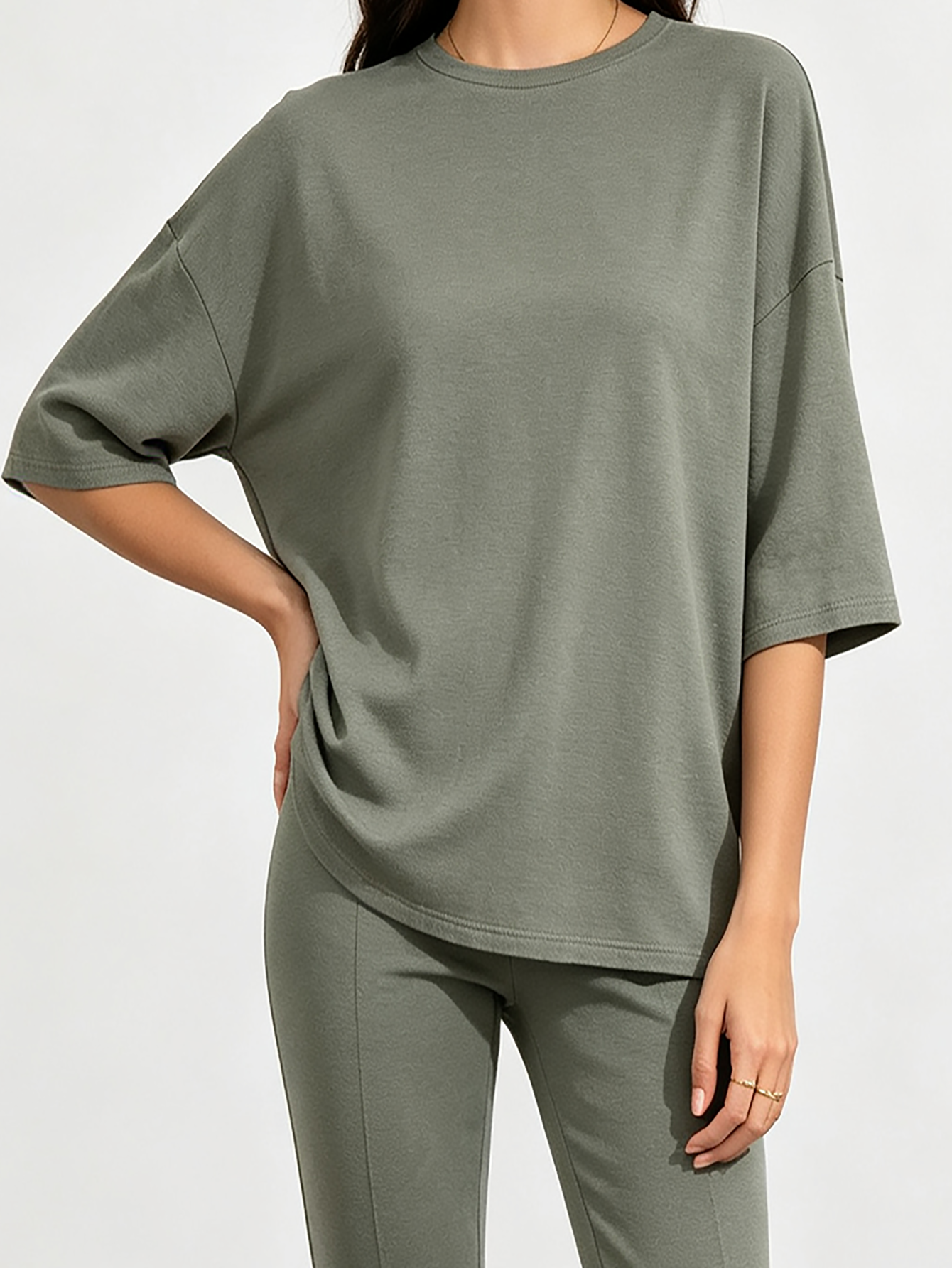 Olive Straight Leg Trousers and T-Shirt Co-Ord Set