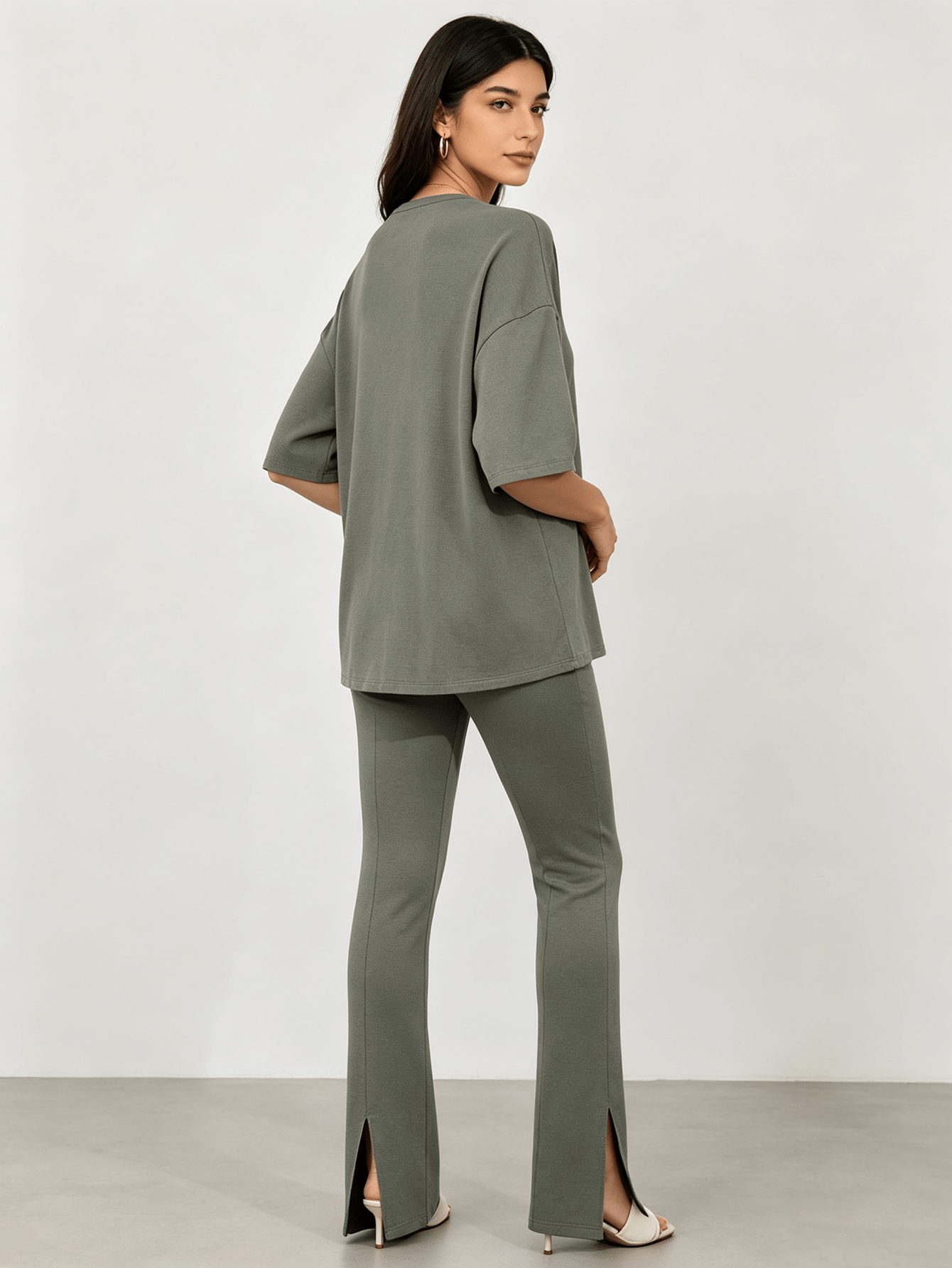Olive Straight Leg Trousers and T-Shirt Co-Ord Set