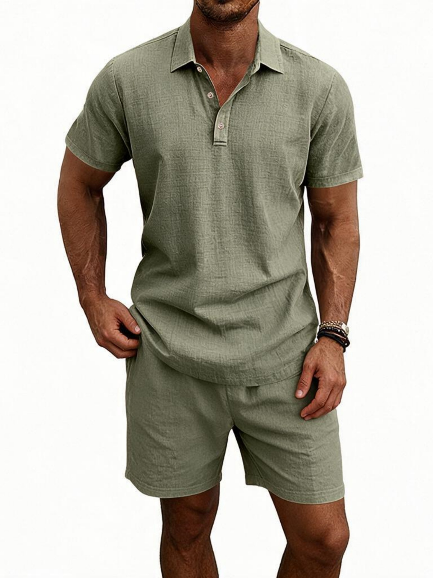 Men Olive Polo and Shorts Set