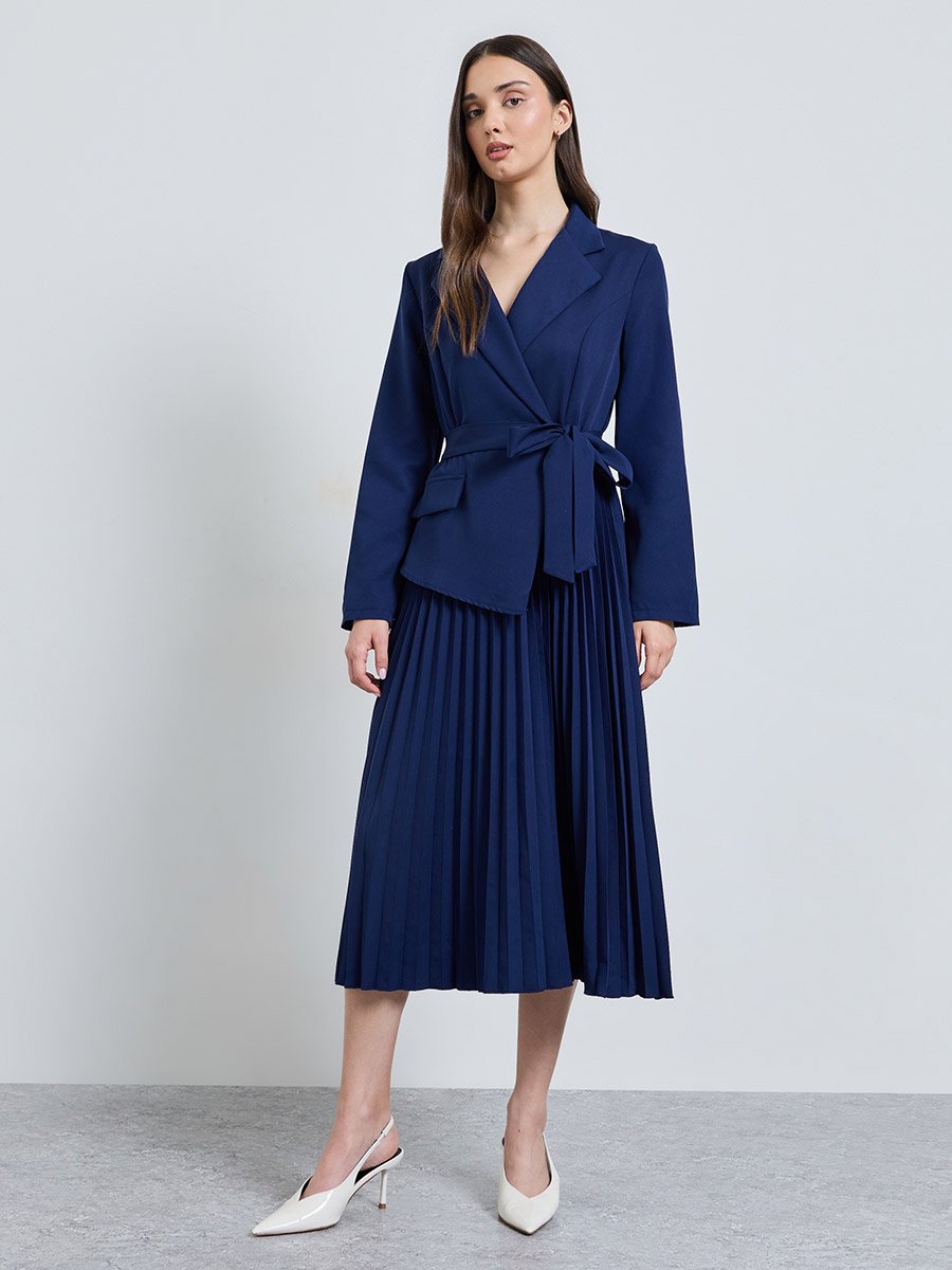 Navy Blue Solid V Neck Blazer Midi Dress
