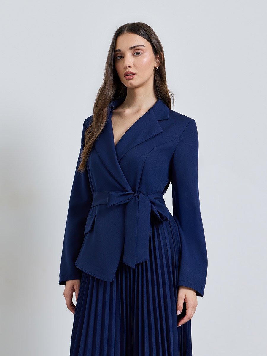 Navy Blue Solid V Neck Blazer Midi Dress