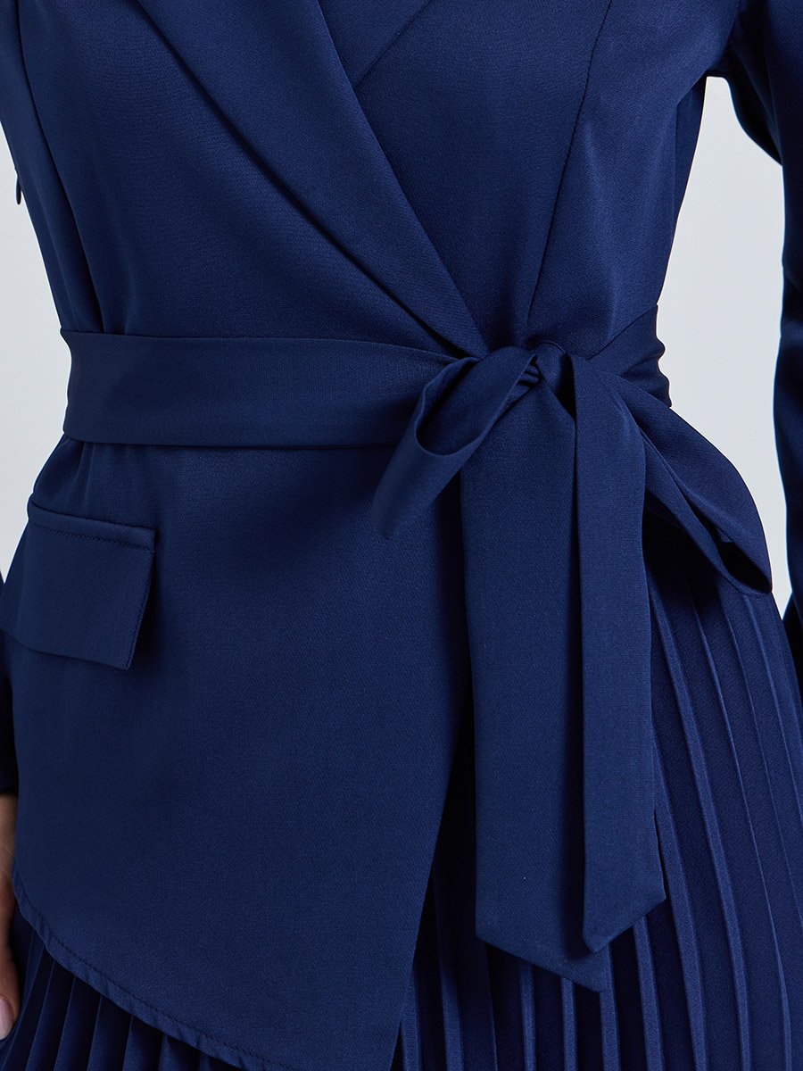 Navy Blue Solid V Neck Blazer Midi Dress