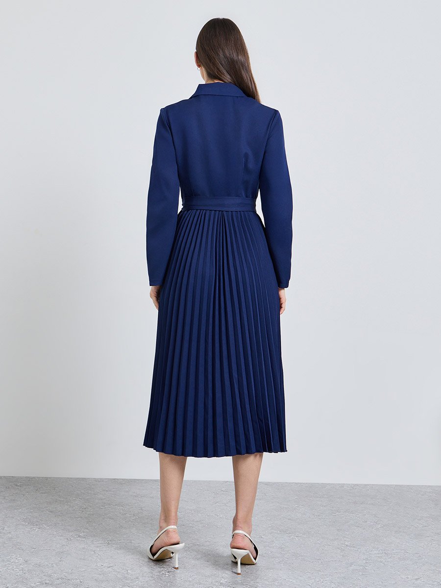 Navy Blue Solid V Neck Blazer Midi Dress