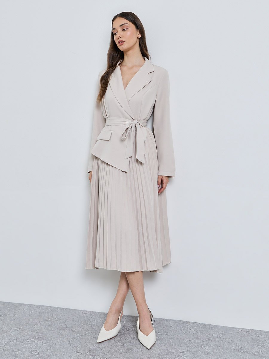 Beige Solid Collared Blazer Midi Dress