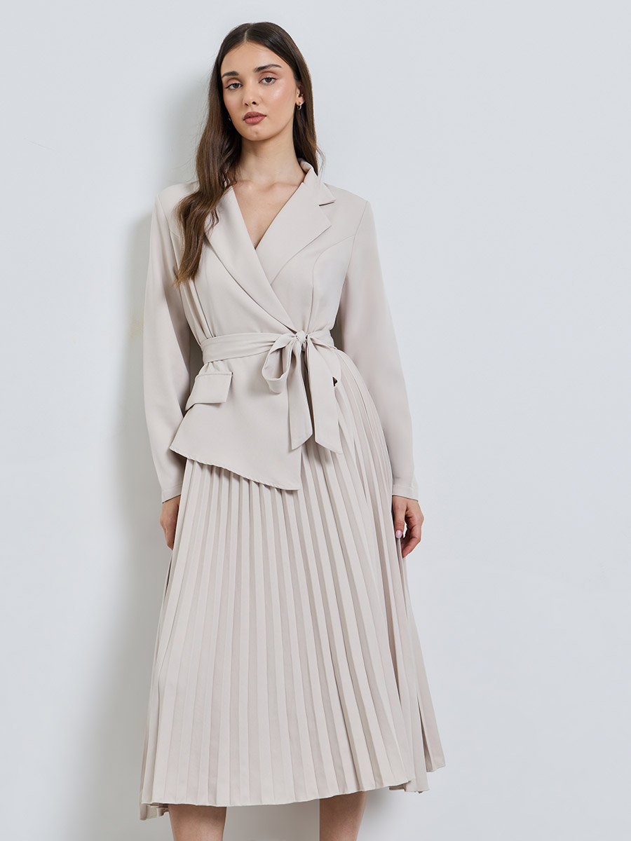 Beige Solid Collared Blazer Midi Dress