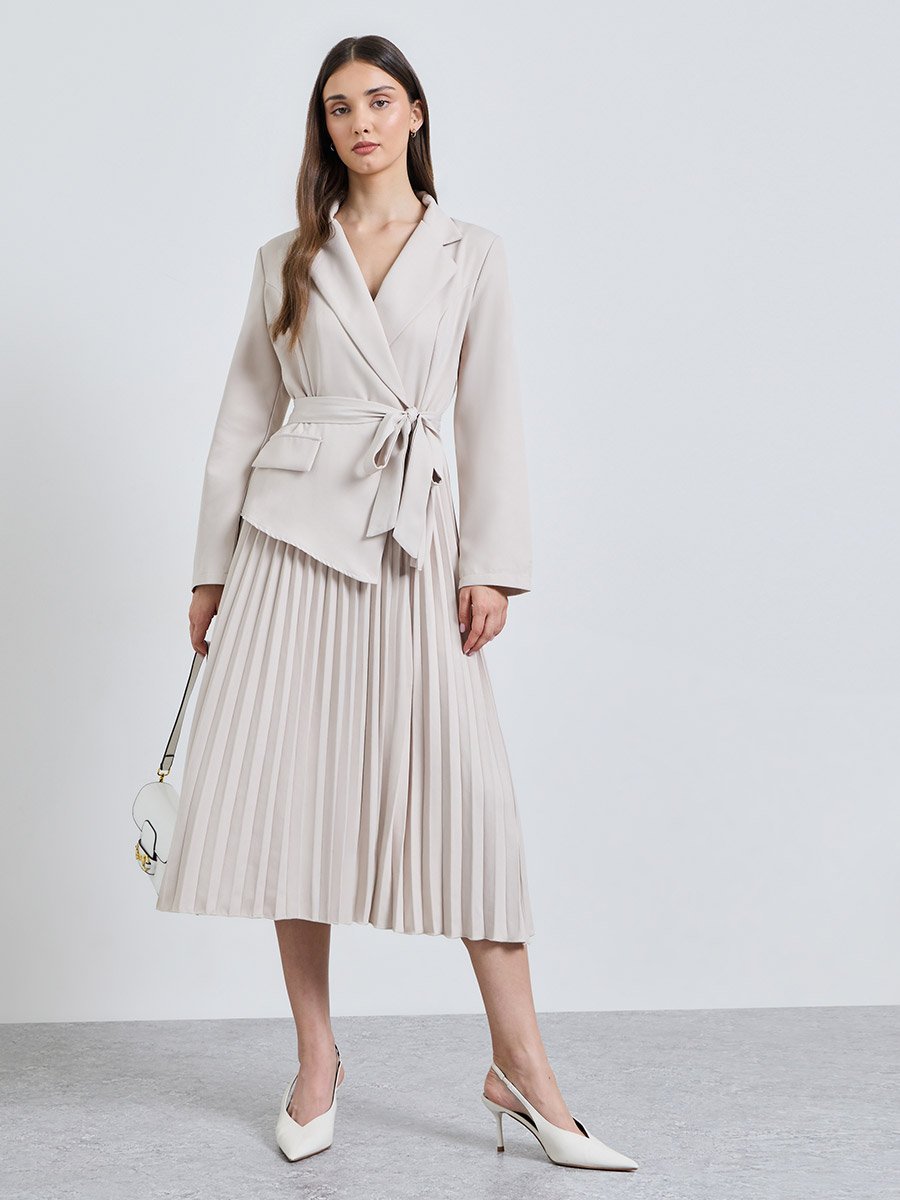 Beige Solid Collared Blazer Midi Dress