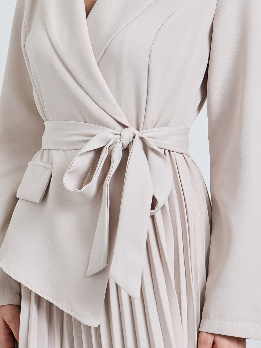 Beige Solid Collared Blazer Midi Dress