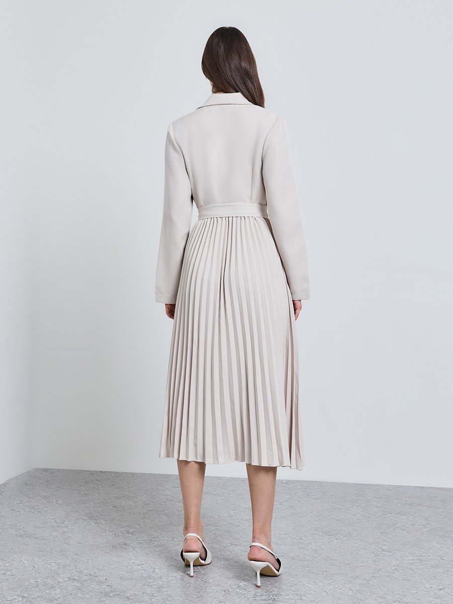 Beige Solid Collared Blazer Midi Dress
