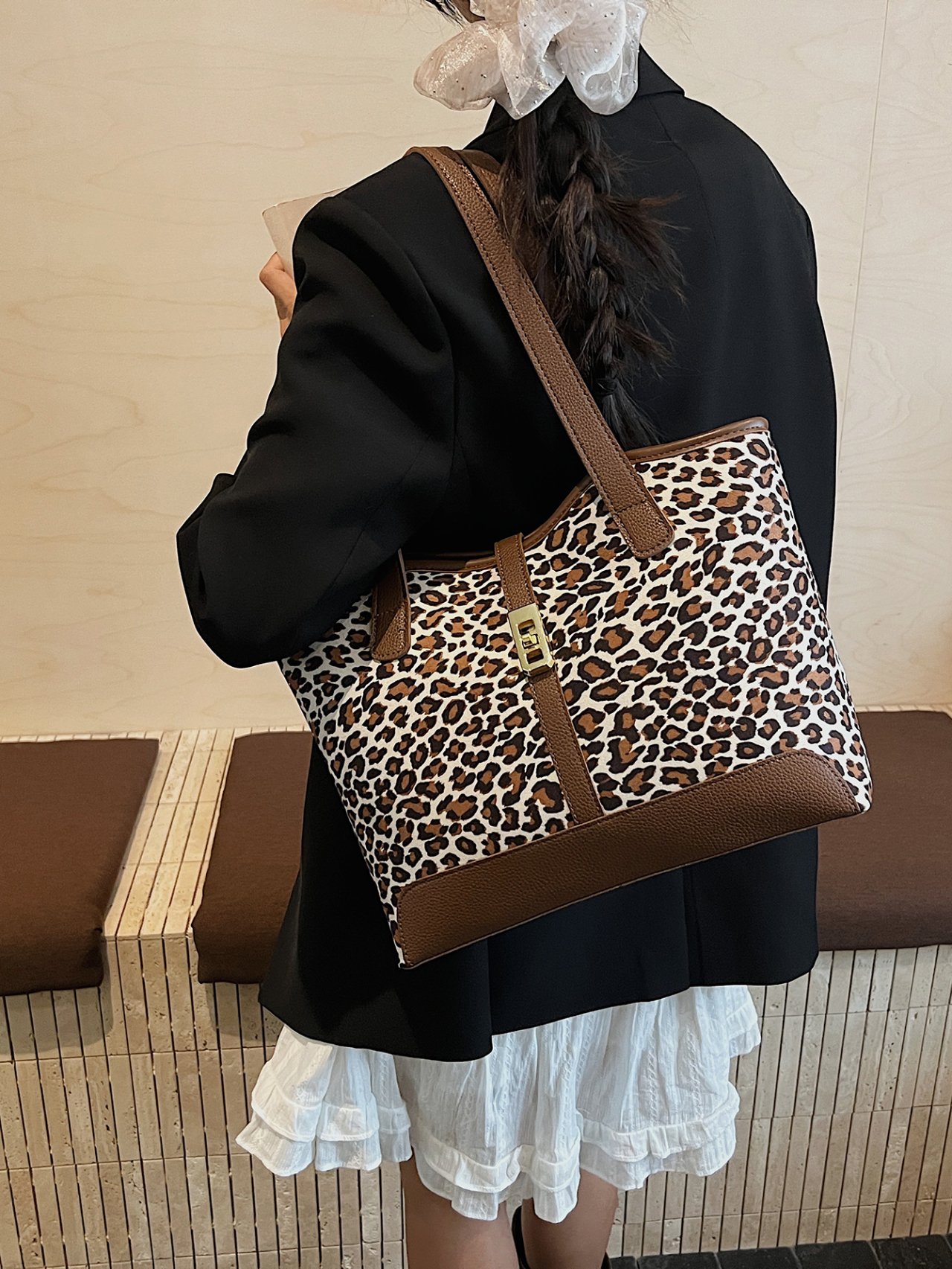 Leopard Print Shoulder Bag with Brown Trims
