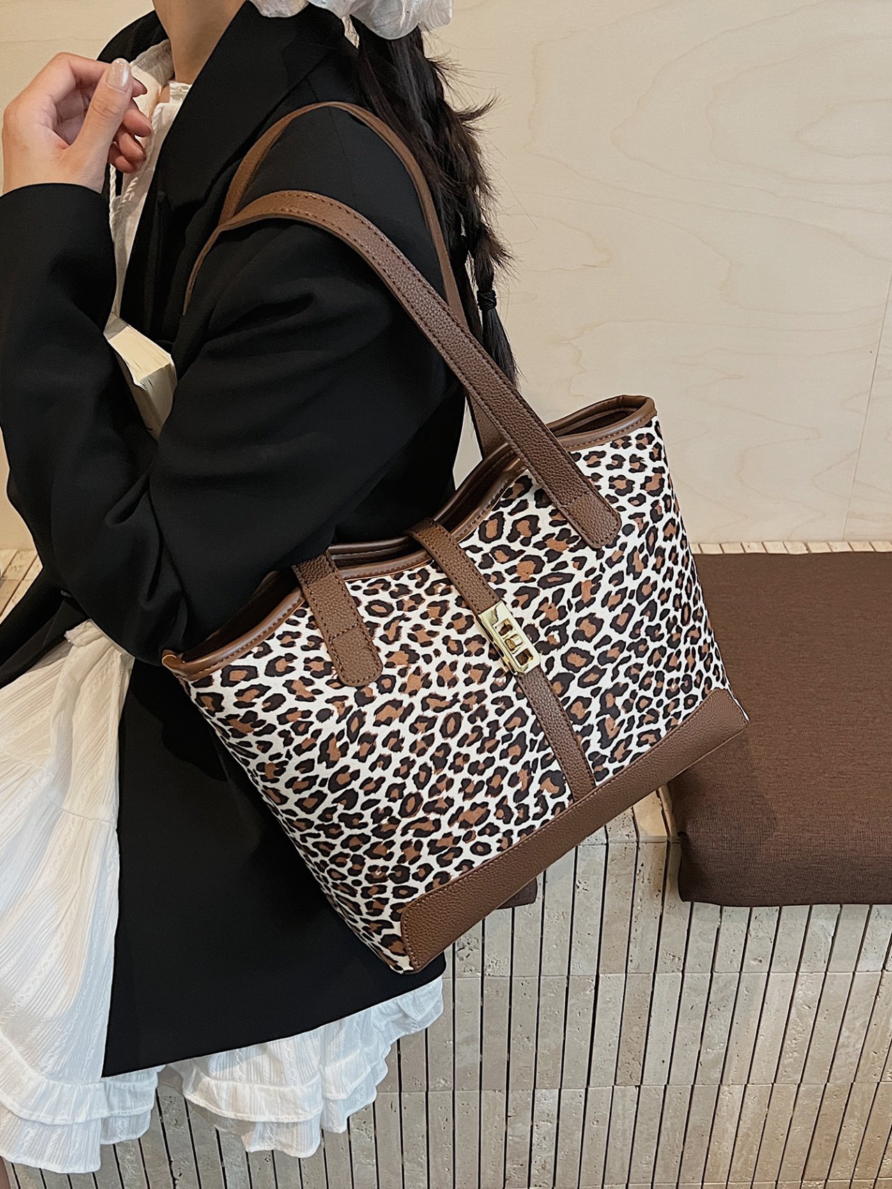 Leopard Print Shoulder Bag with Brown Trims