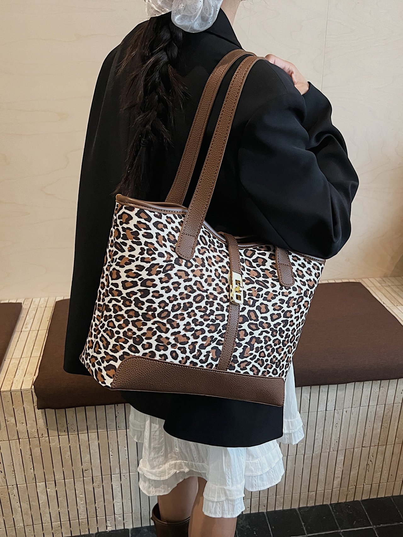 Leopard Print Shoulder Bag with Brown Trims