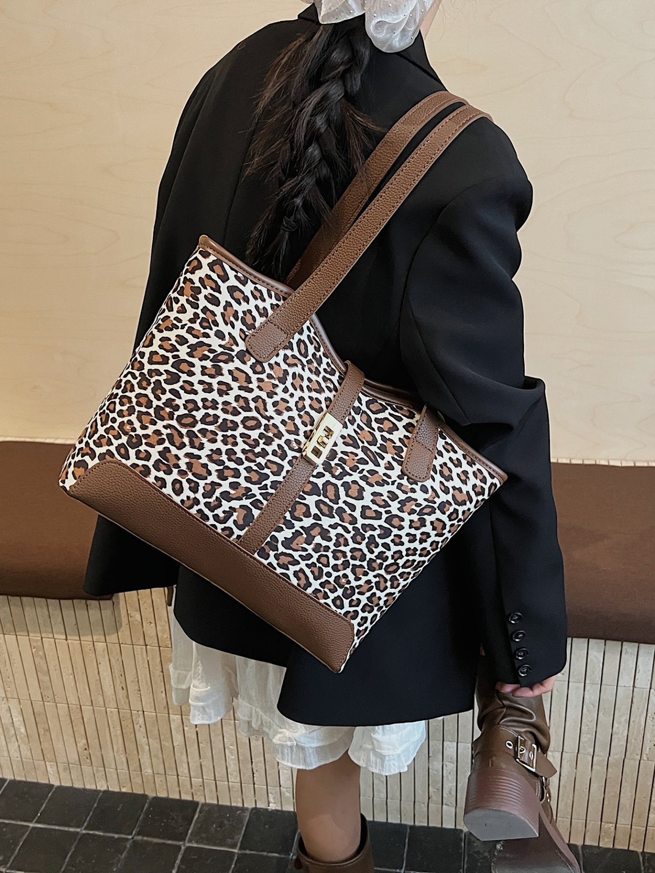 Leopard Print Shoulder Bag with Brown Trims