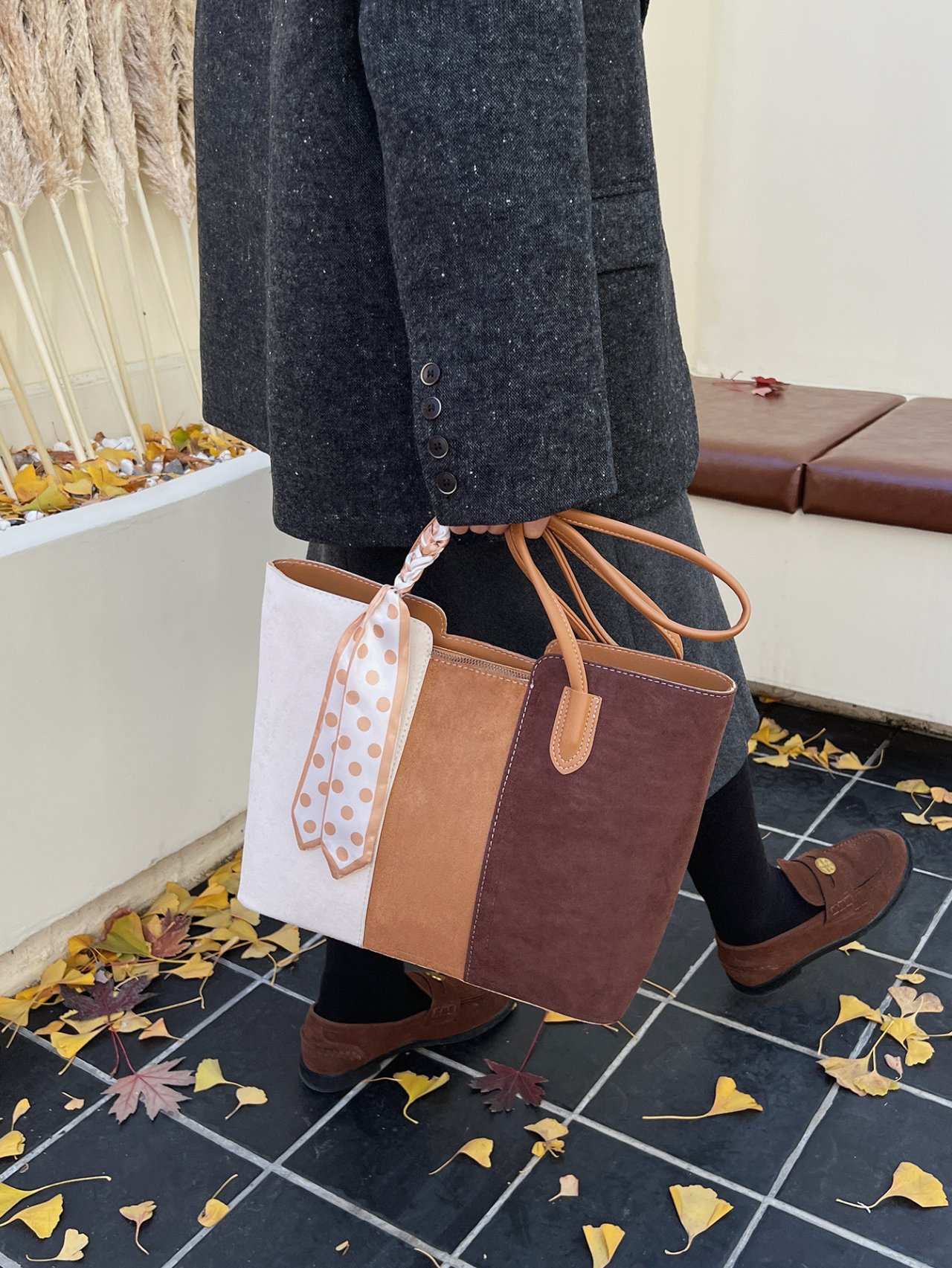 Color Block Shoulder Bag with Scarf Accent