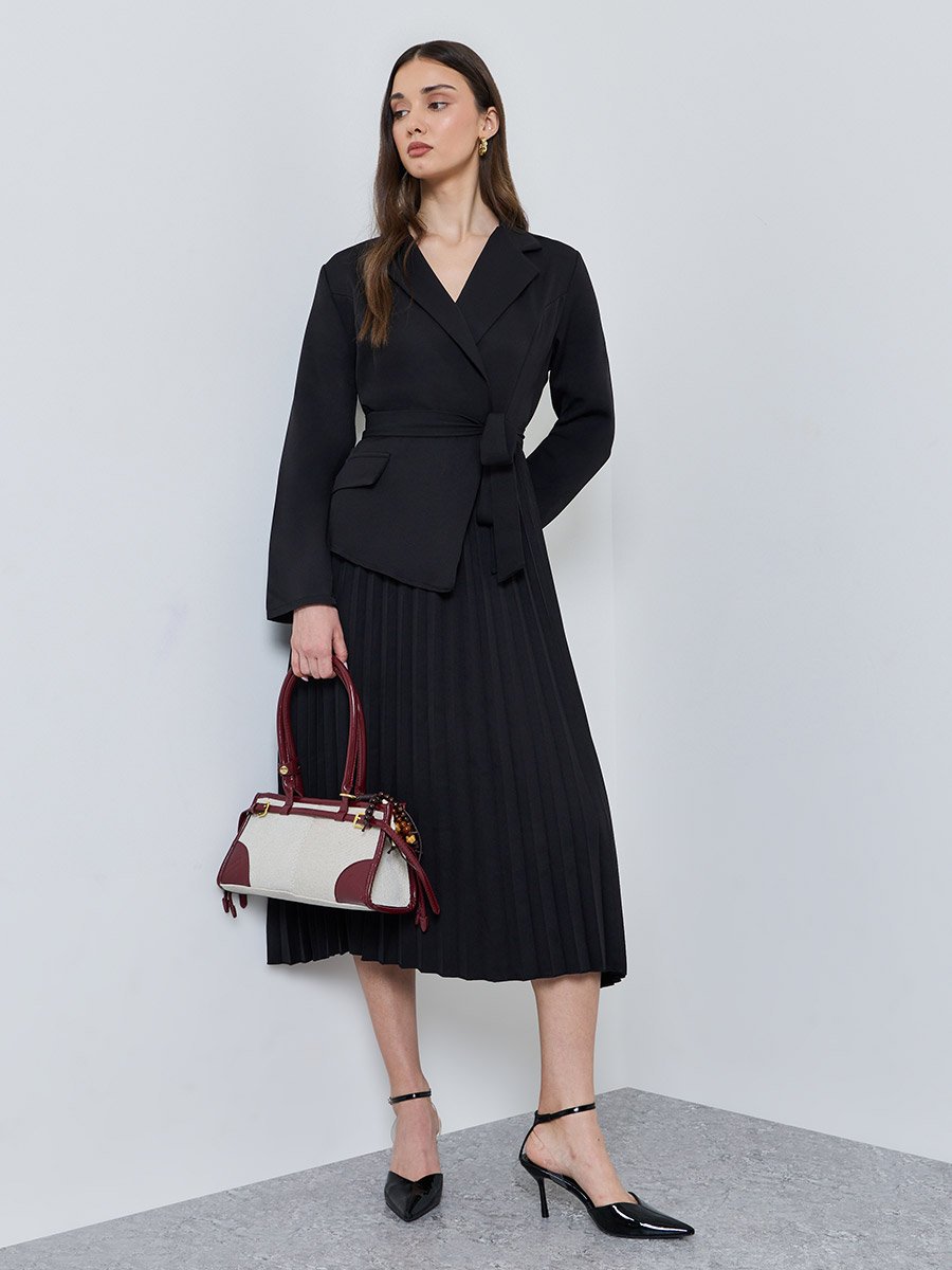 Black Solid V Neck Blazer Midi Dress