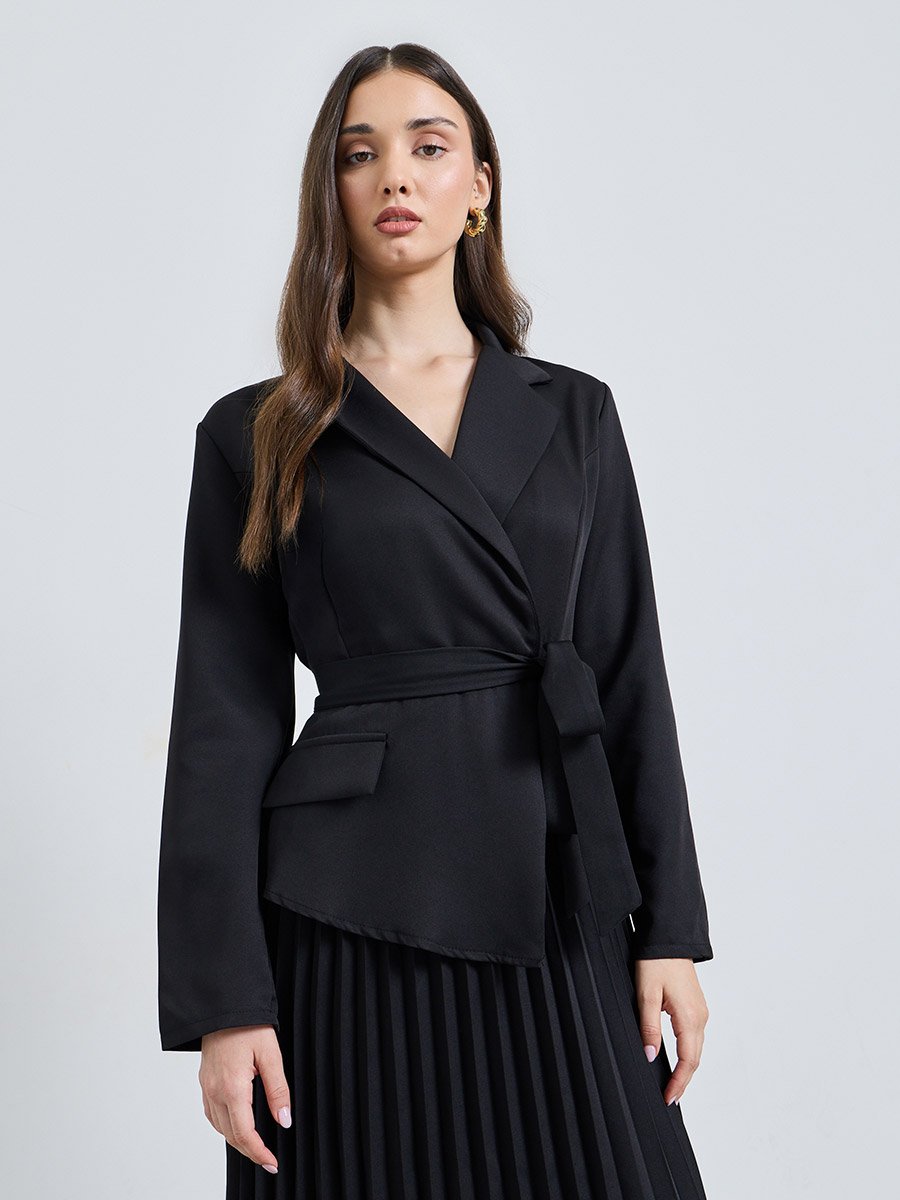 Black Solid V Neck Blazer Midi Dress