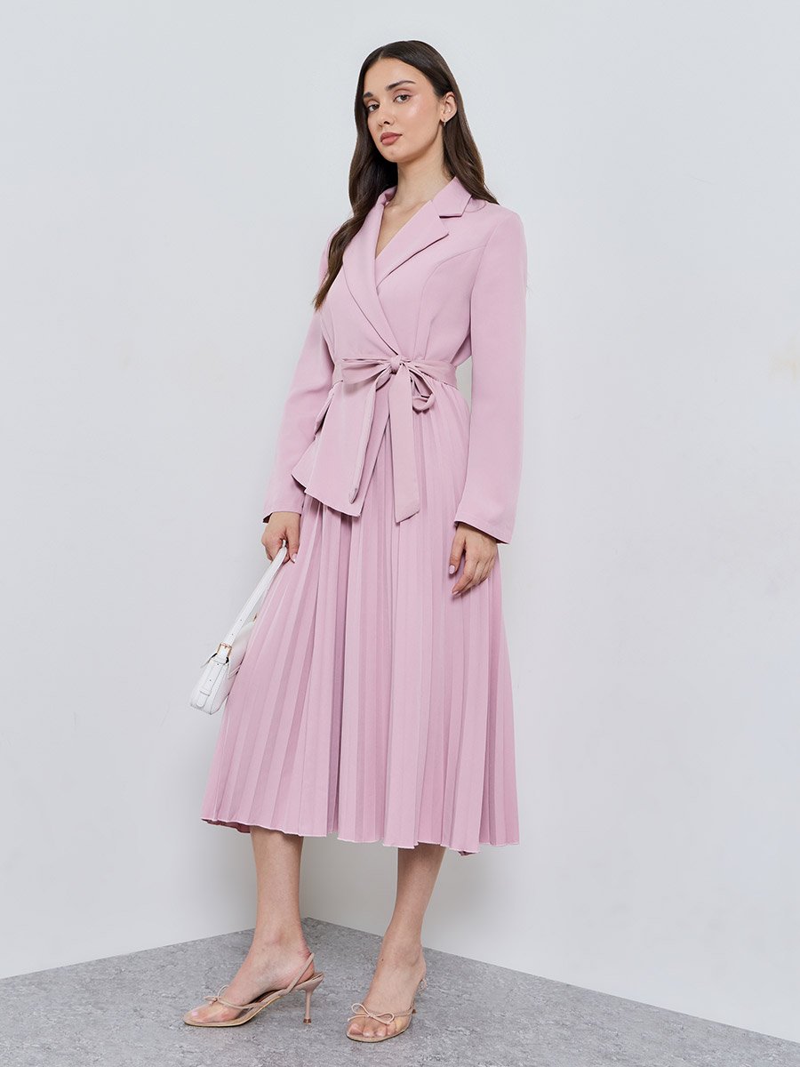 Pink Solid Collared Blazer Midi Dress