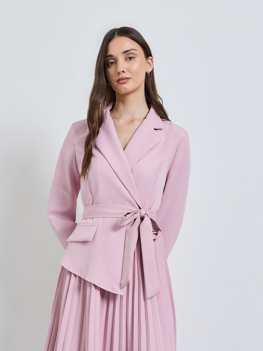 Pink Solid Collared Blazer Midi Dress