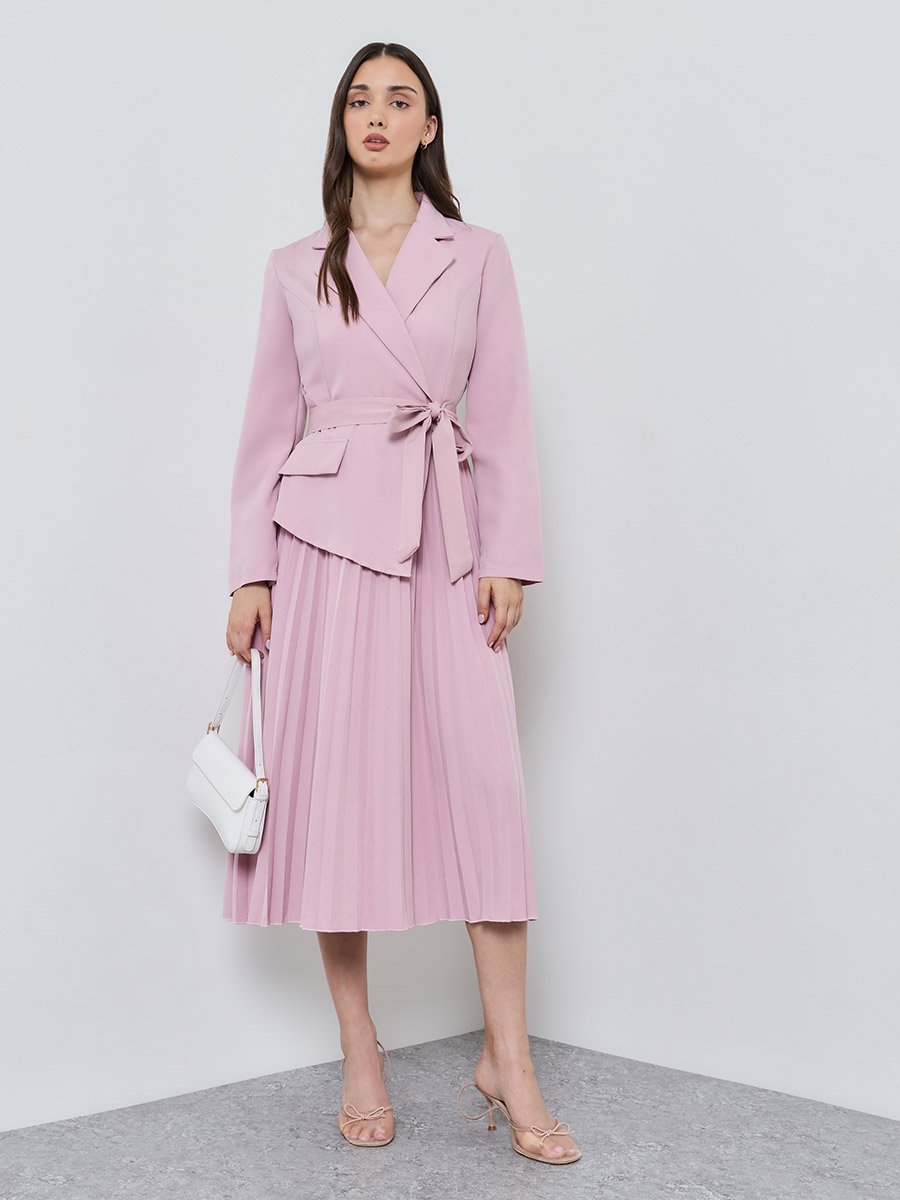 Pink Solid Collared Blazer Midi Dress