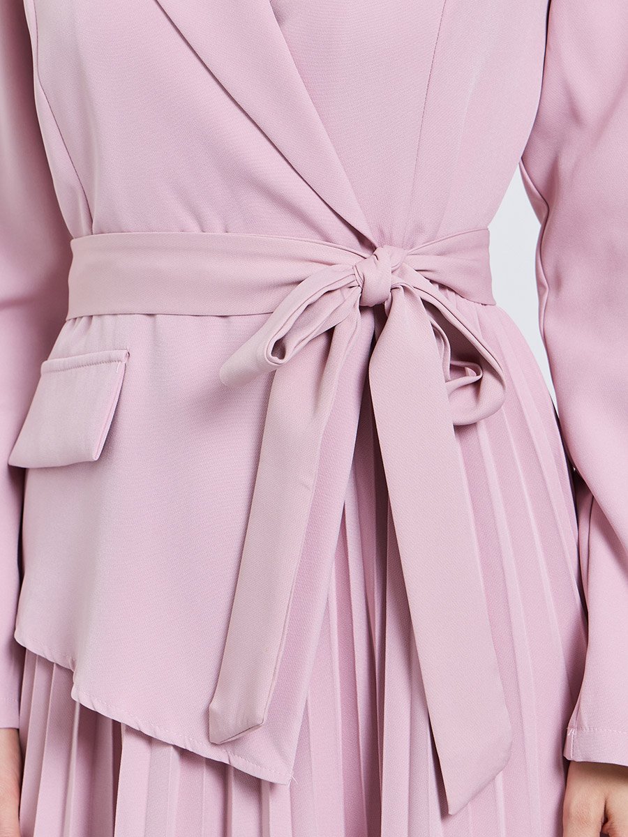 Pink Solid Collared Blazer Midi Dress