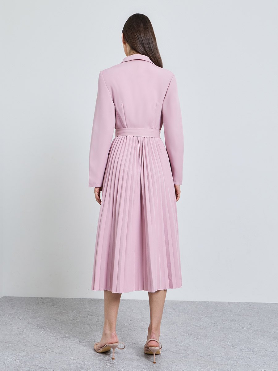 Pink Solid Collared Blazer Midi Dress