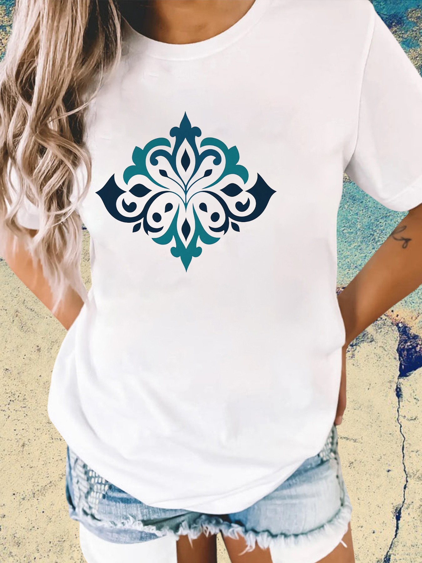 White Oversized Short Sleeves T-Shirt with Teal Medallion Print