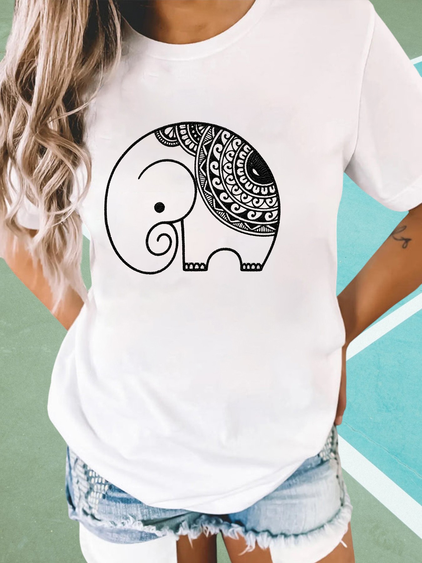 White Oversized Elephant Print Short Sleeves T-Shirt