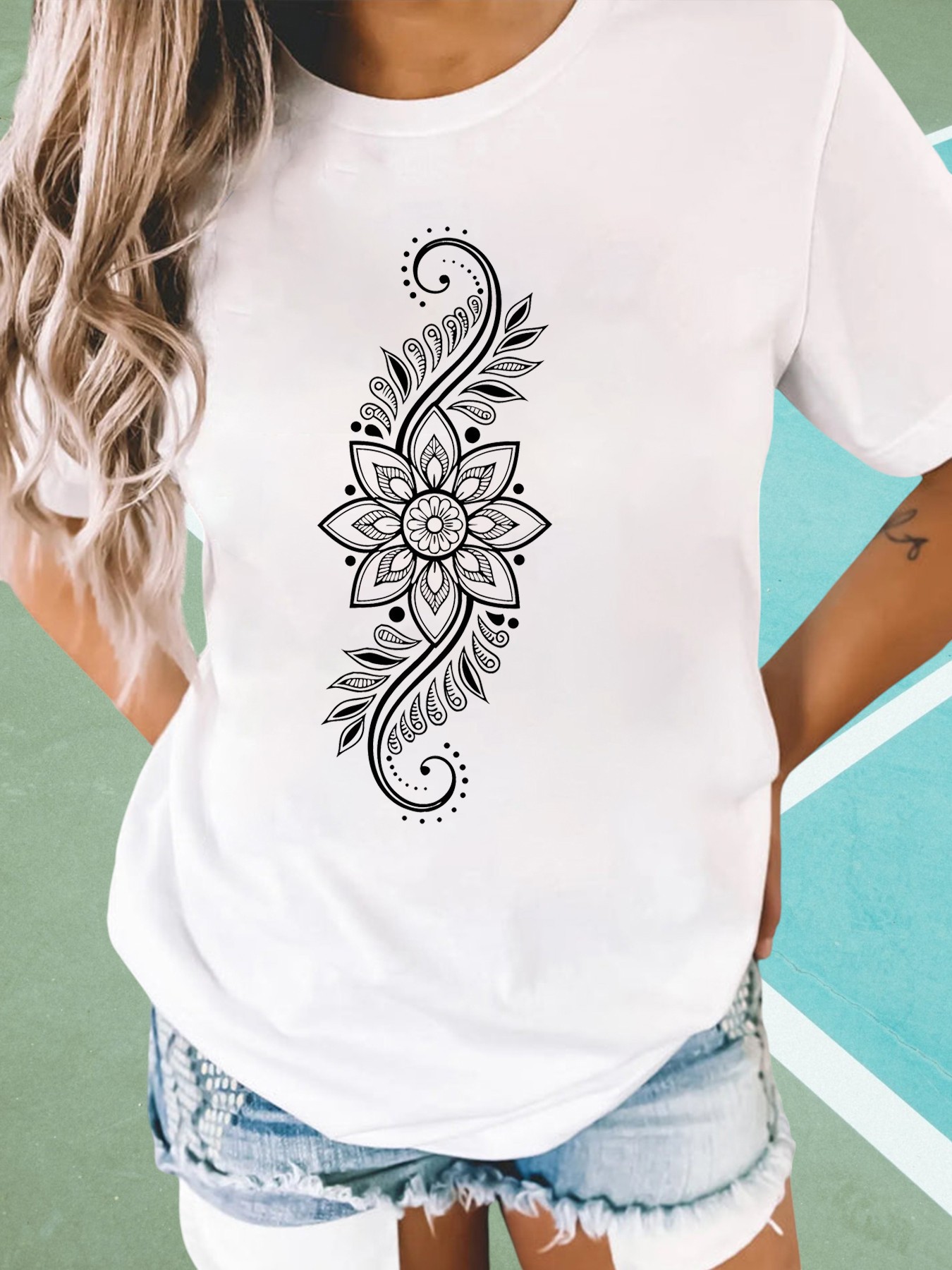 White Oversized T-Shirt with Mandala Print