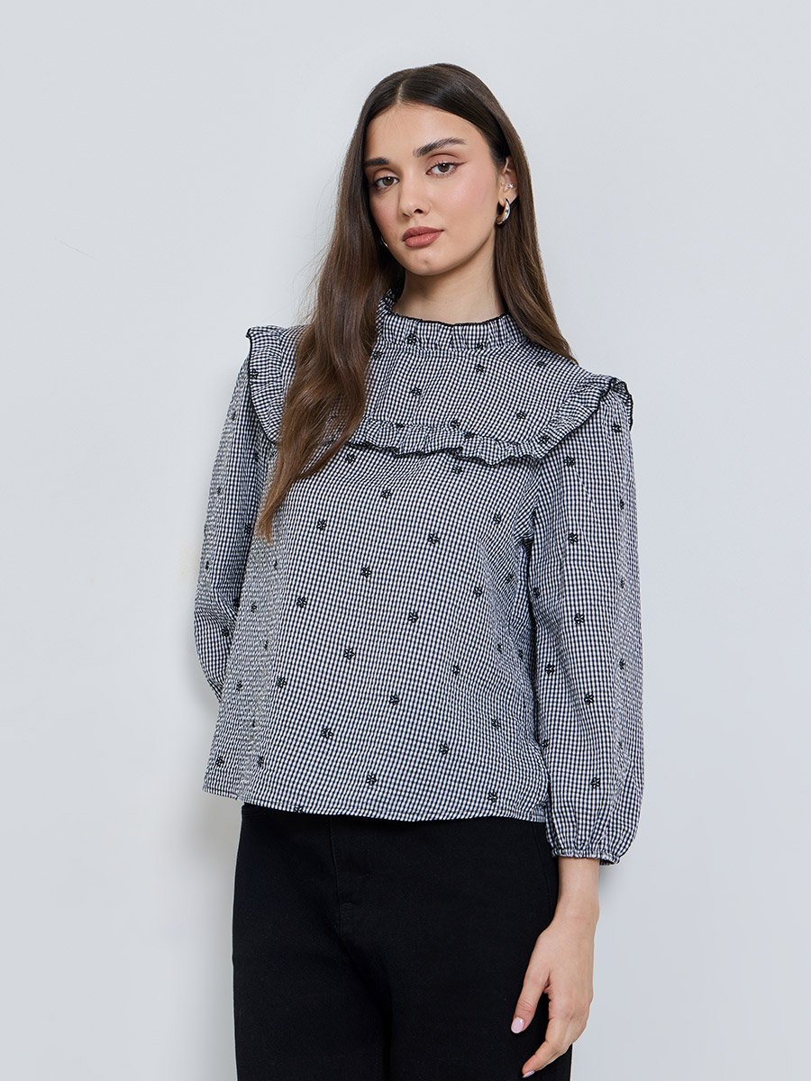 Monochrome Checked High Neck Blouse